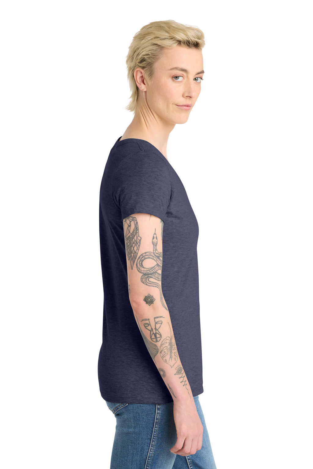 District Women's Very Important Tee V-Neck. DT6503 - Heathered Navy - side