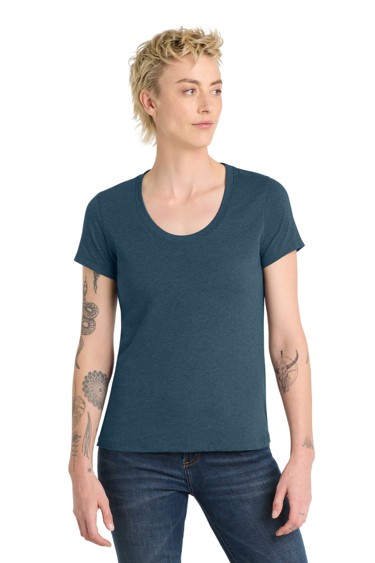 District Women's Flex Scoop Neck Tee DT7501 - Heathered Neptune Blue - front