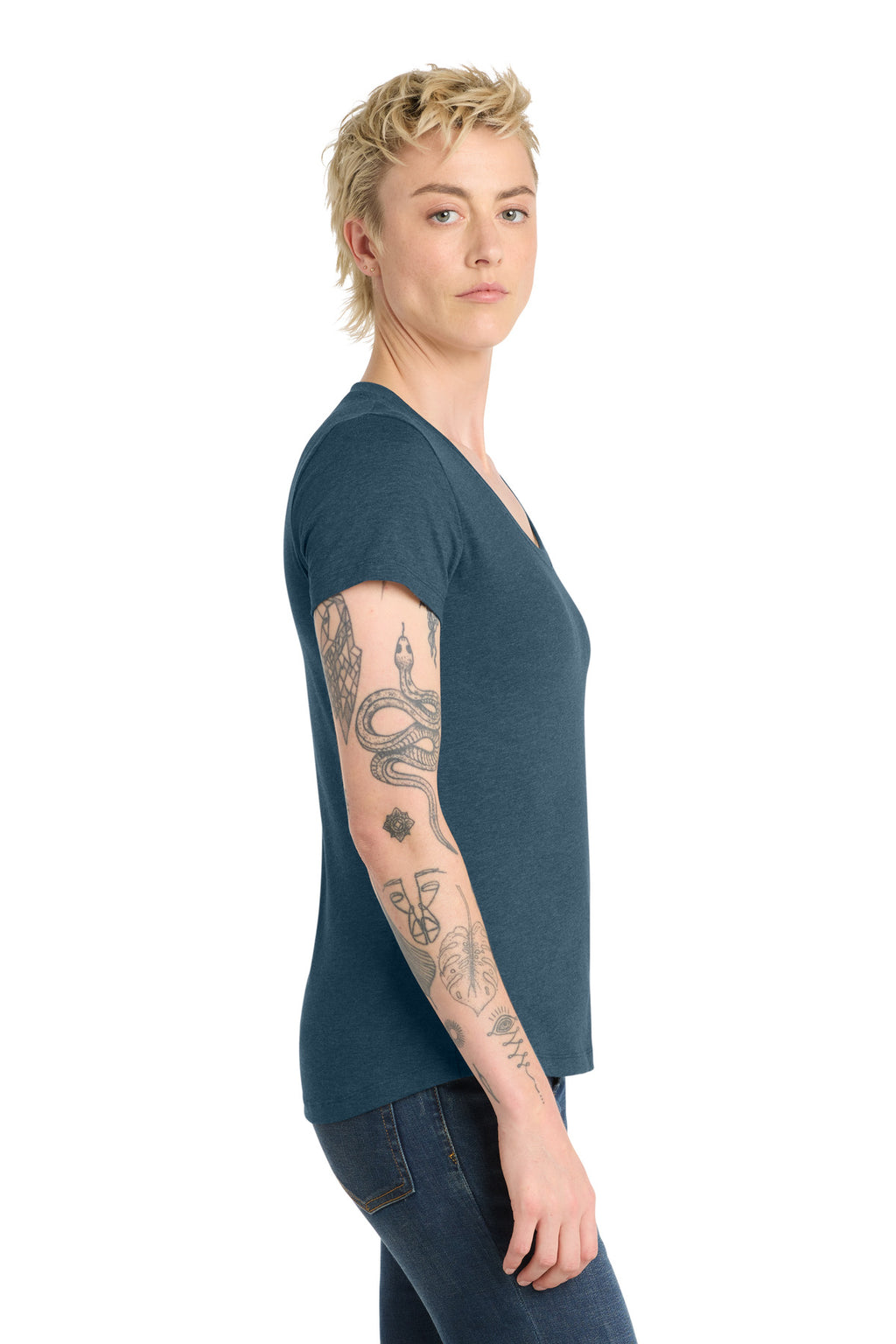 District Women's Flex Scoop Neck Tee DT7501 - Heathered Neptune Blue - side