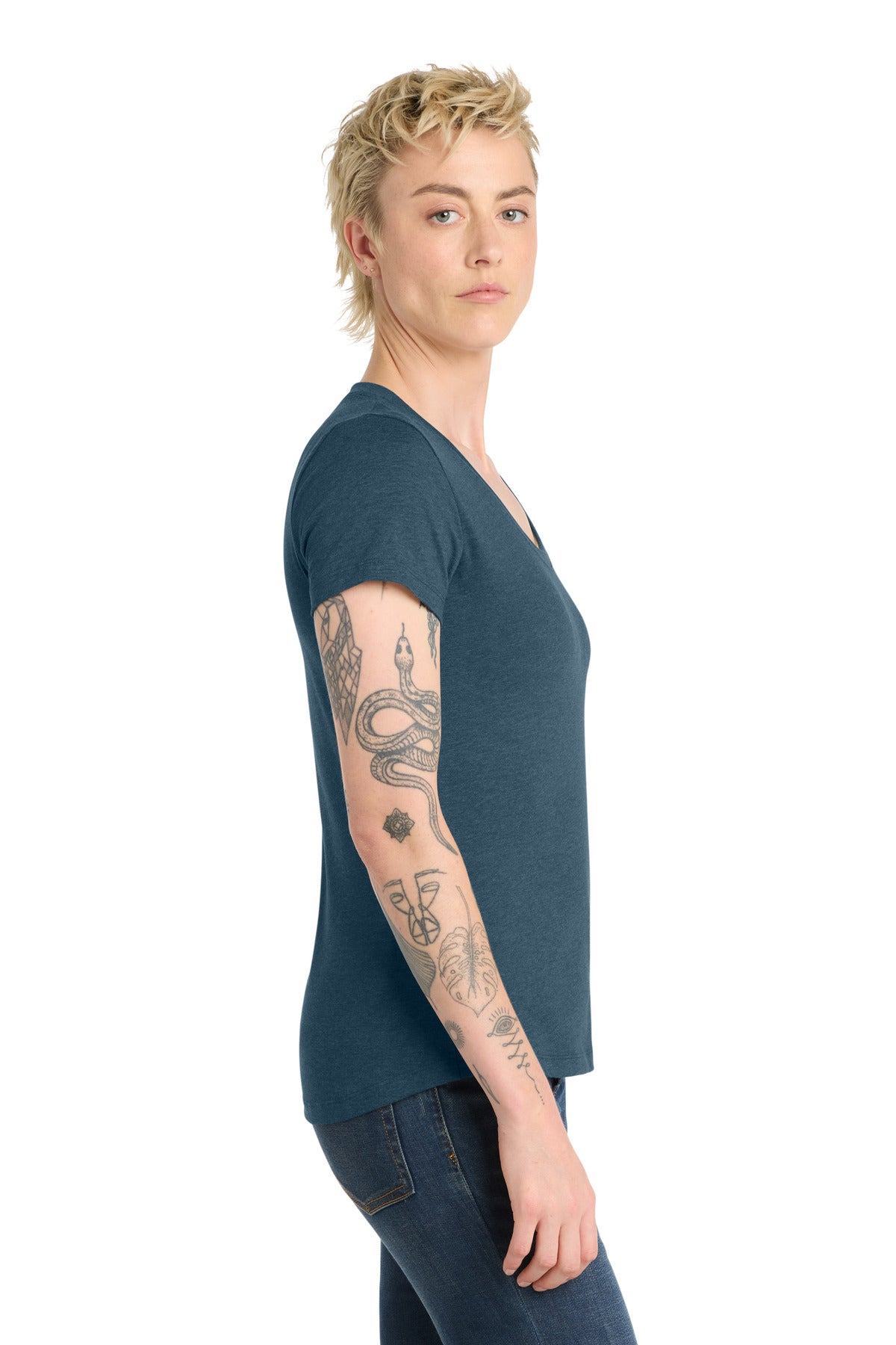 District Women's Flex Scoop Neck Tee DT7501 - Heathered Neptune Blue - side