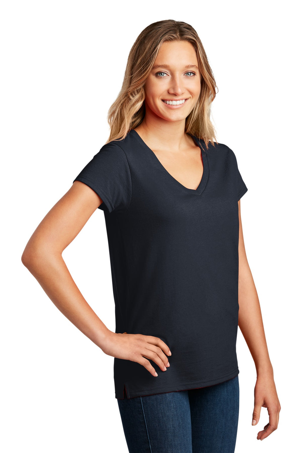 District Women's Re-Tee V-Neck DT8001 - True Navy - three_q