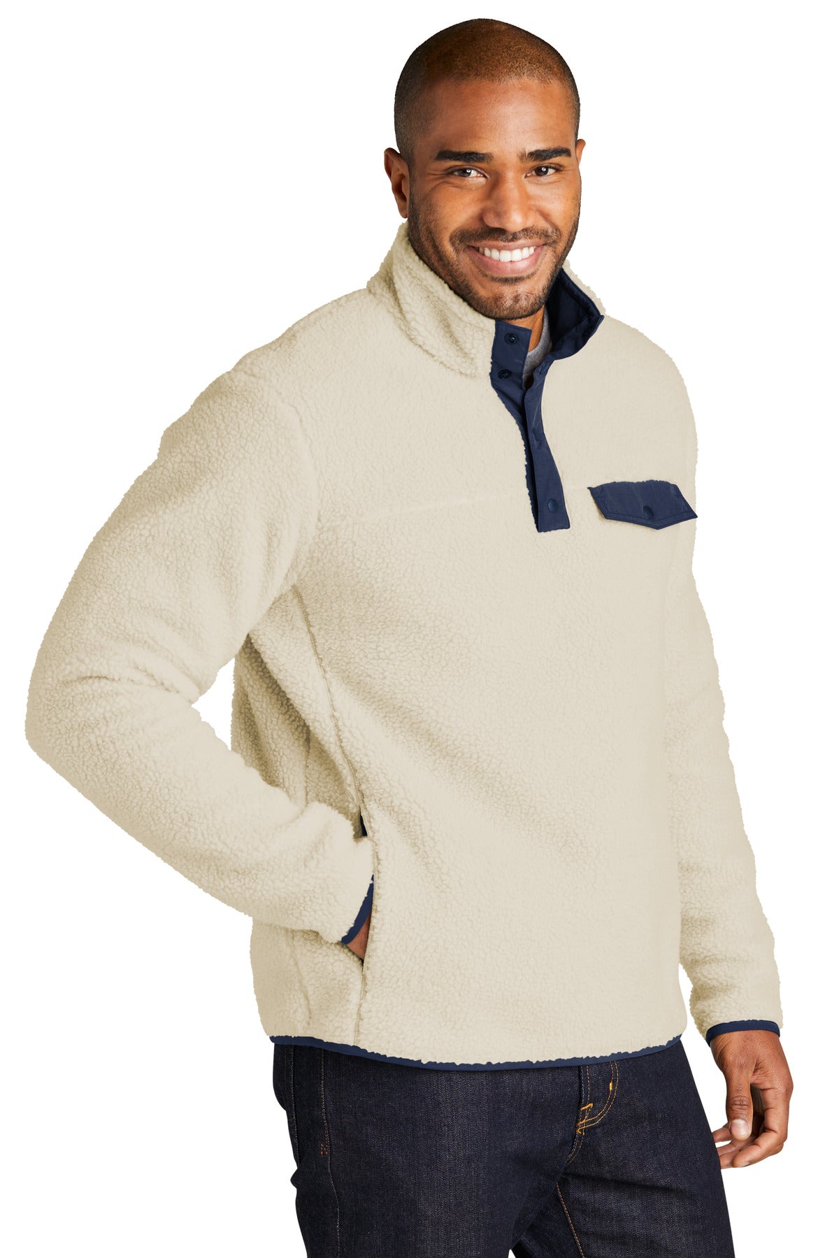 Port Authority Camp Fleece Snap Pullover F140 - Oat/ Dress Blue Navy - three_q