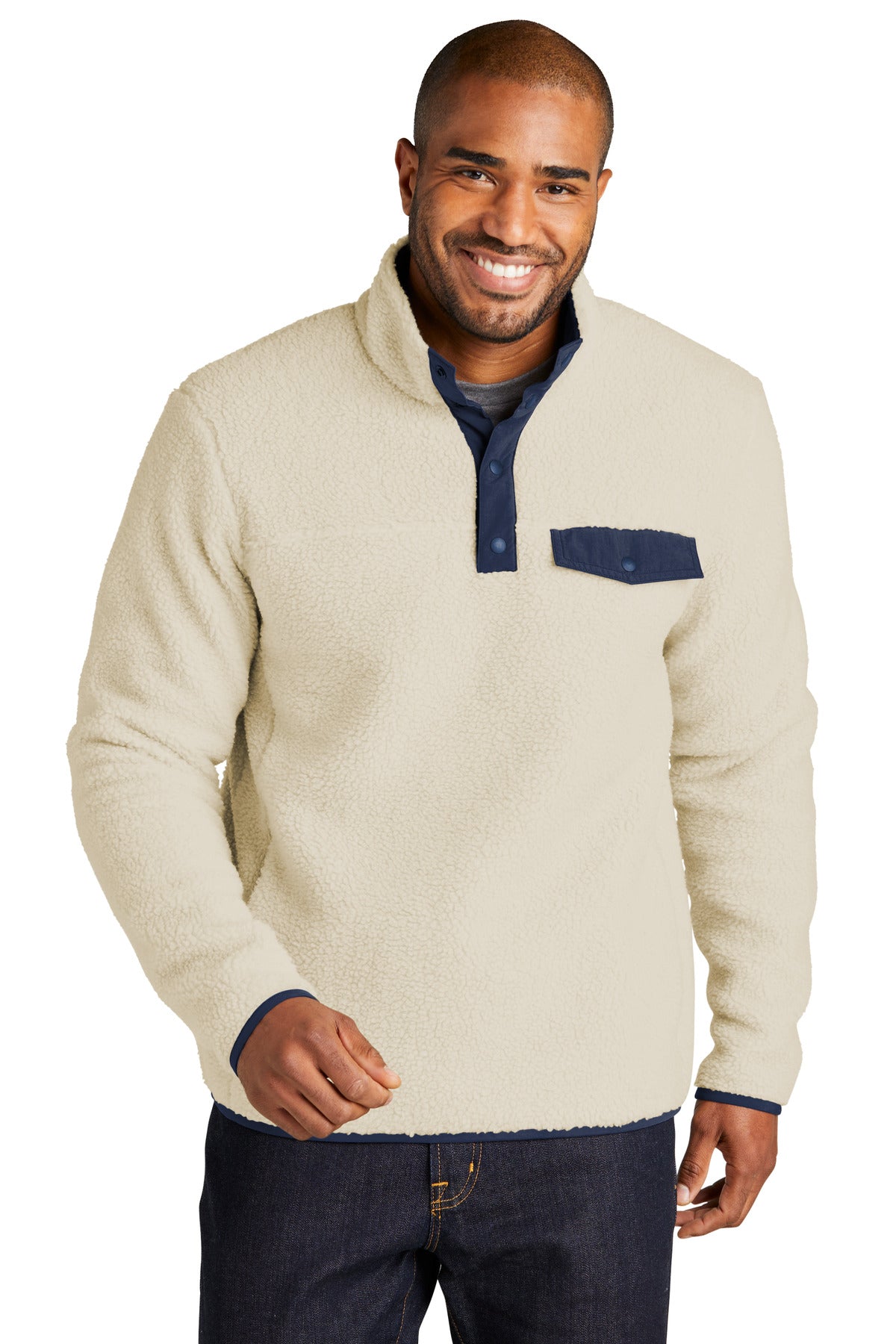 Port Authority Camp Fleece Snap Pullover F140 - Oat/ Dress Blue Navy - front