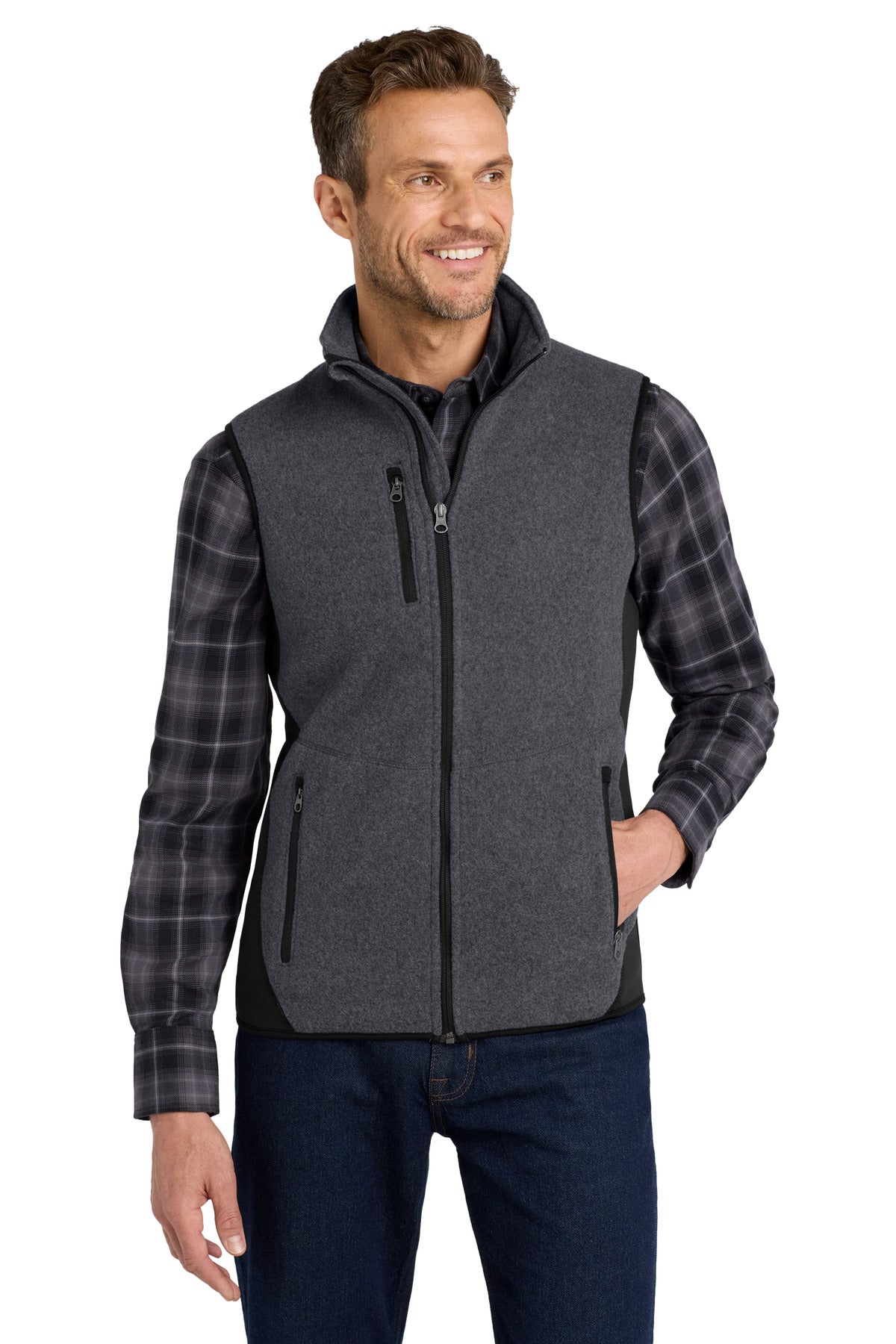 Port Authority R-Tek Pro Fleece Full-Zip Vest. F228 - Charcoal Heather/ Black - front