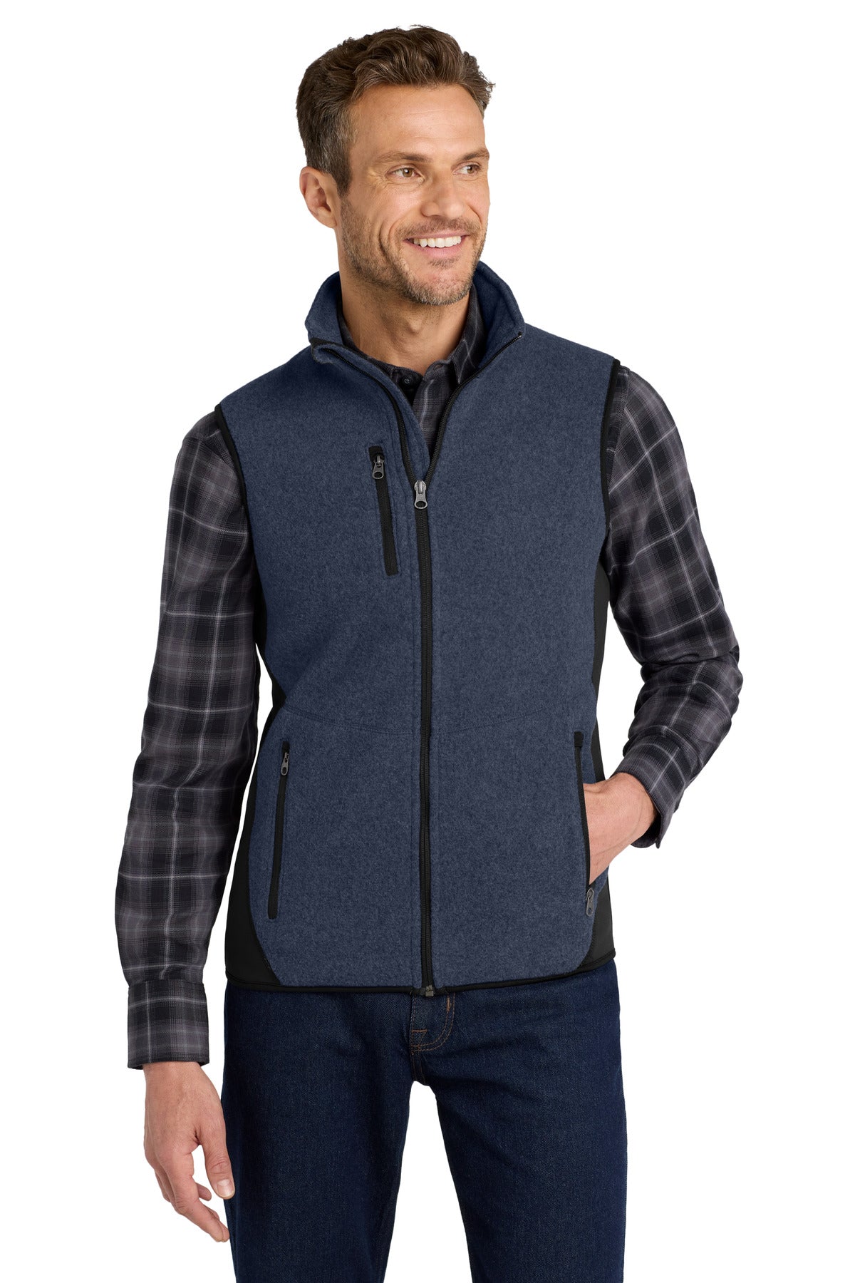 Port Authority R-Tek Pro Fleece Full-Zip Vest. F228 - Navy Heather/ Black - front