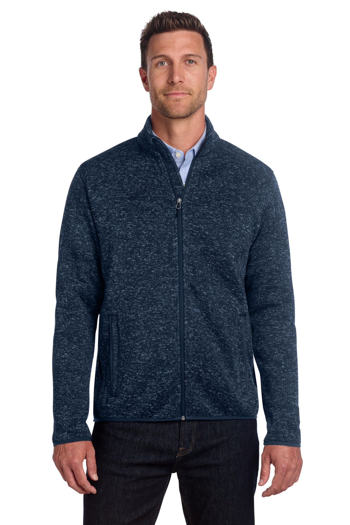 Port Authority Sweater Fleece Jacket. F232 - River Blue Navy Heather - front