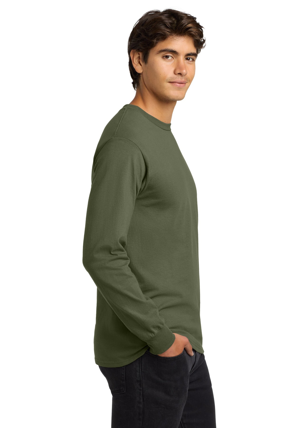 Gildan - Ultra Cotton 100% US Cotton Long Sleeve T-Shirt. G2400 - Military Green - side