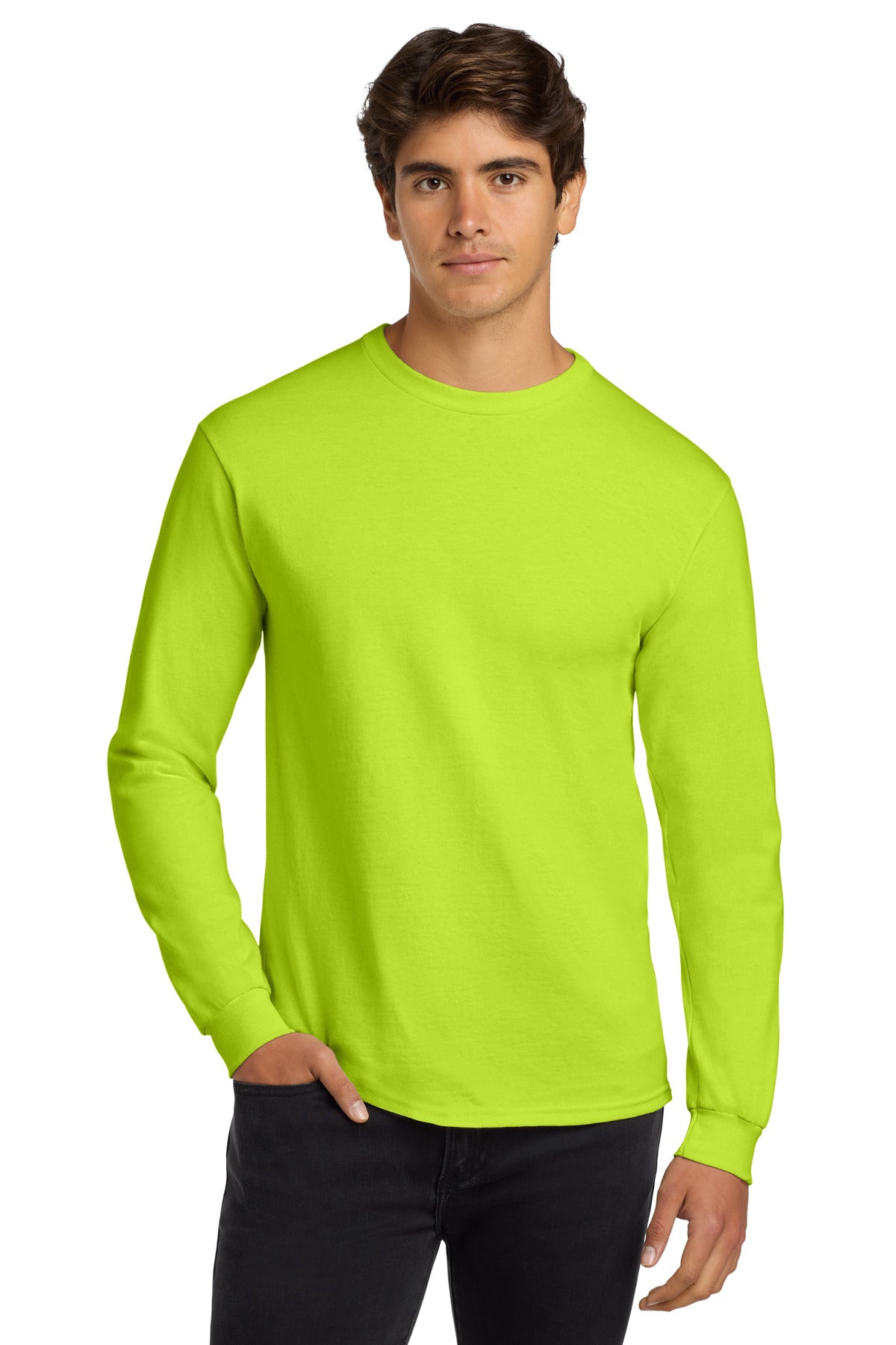 Gildan - Ultra Cotton 100% US Cotton Long Sleeve T-Shirt. G2400 - Safety Green - front