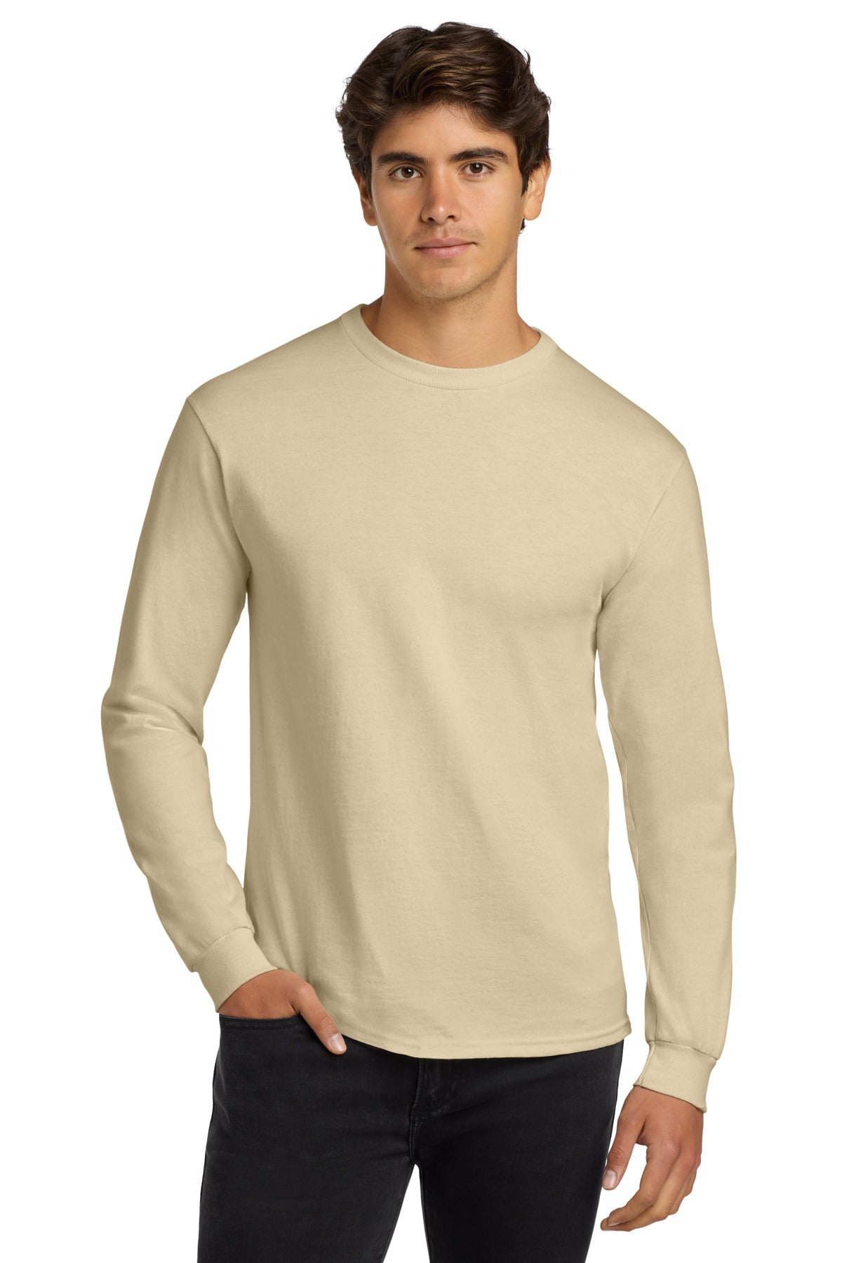 Gildan - Ultra Cotton 100% US Cotton Long Sleeve T-Shirt. G2400 - Sand - front