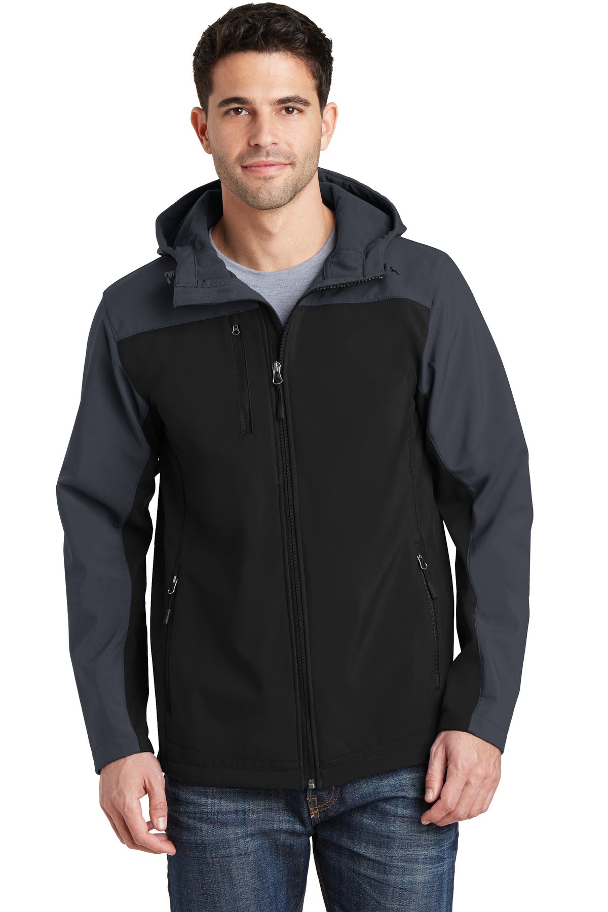 Port Authority Hooded Core Soft Shell Jacket. J335 - Black/ Battleship Grey - front