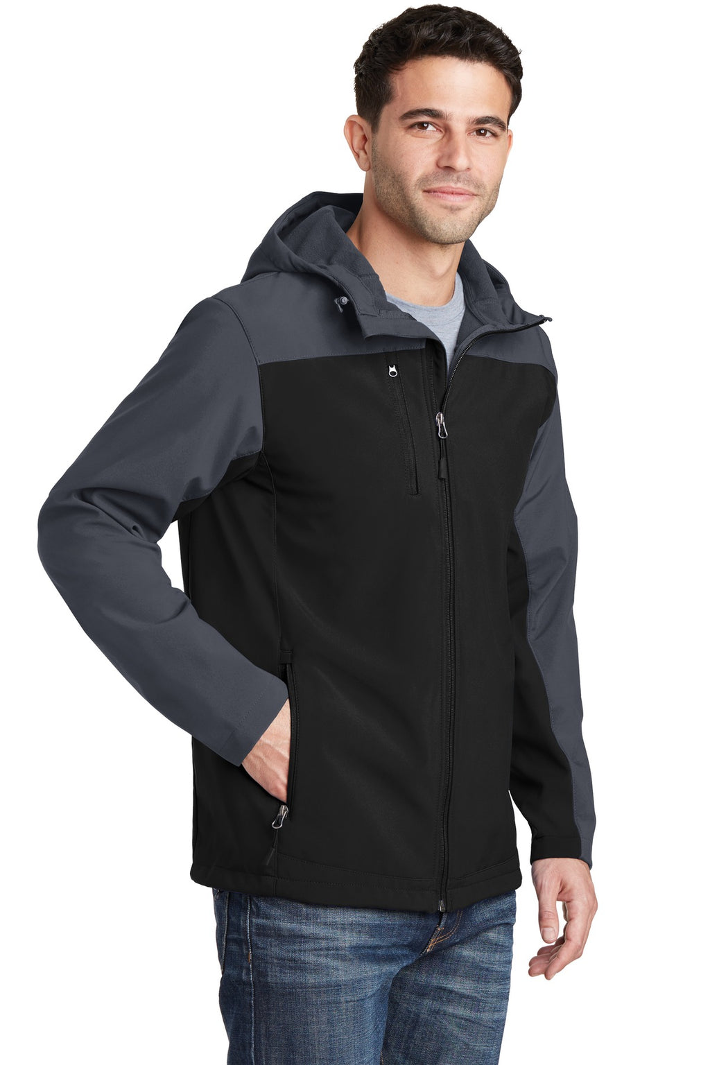 Port Authority Hooded Core Soft Shell Jacket. J335 - Black/ Battleship Grey - three_q