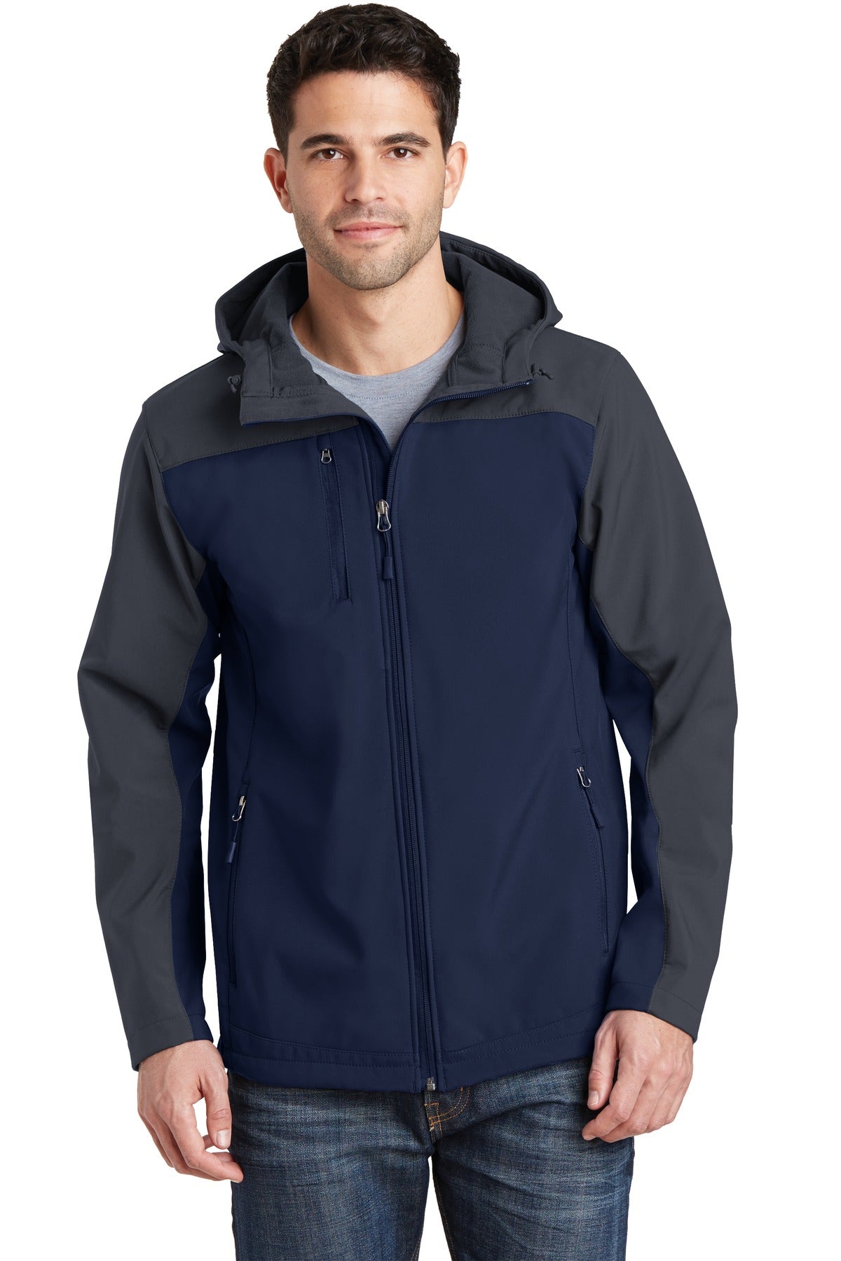 Port Authority Hooded Core Soft Shell Jacket. J335 - Dress Blue Navy/ Battleship Grey - front