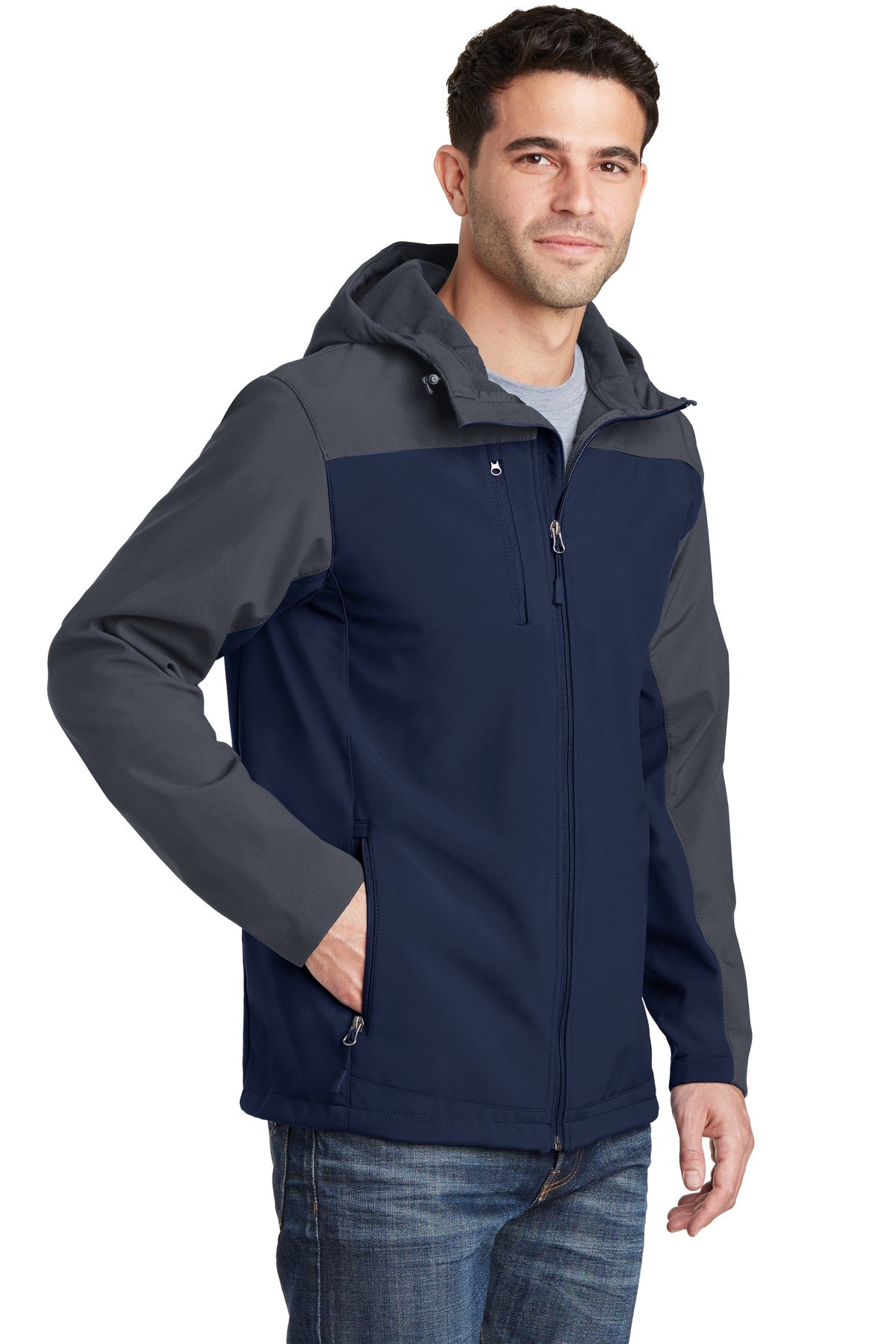 Port Authority Hooded Core Soft Shell Jacket. J335 - Dress Blue Navy/ Battleship Grey - three_q