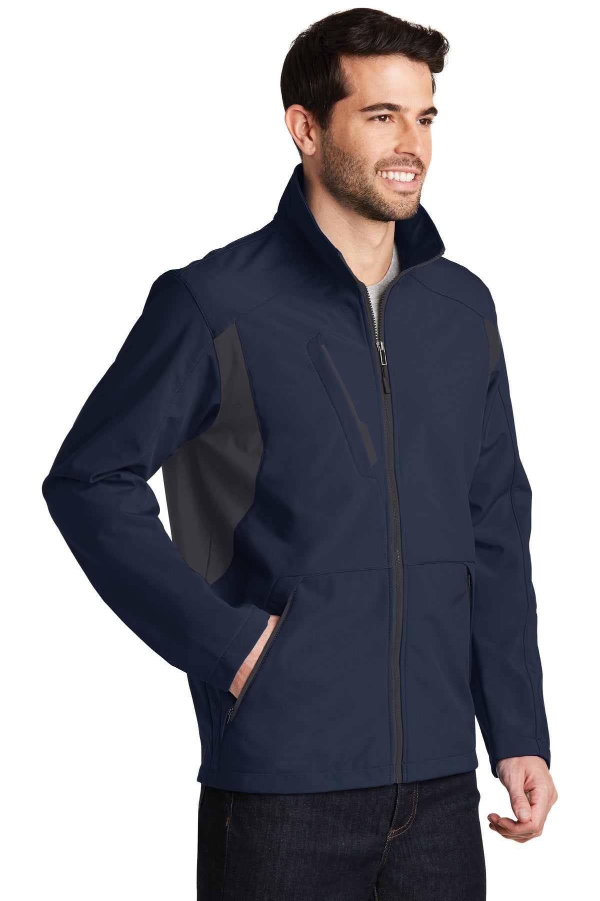 Port Authority Back-Block Soft Shell Jacket. J336 - Dress Blue Navy/ Battleship Grey - three_q