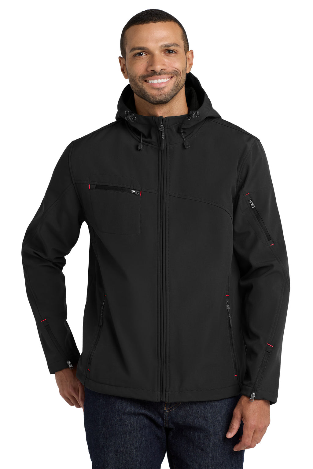 Port Authority Textured Hooded Soft Shell Jacket. J706 - Black/ Engine Red - front