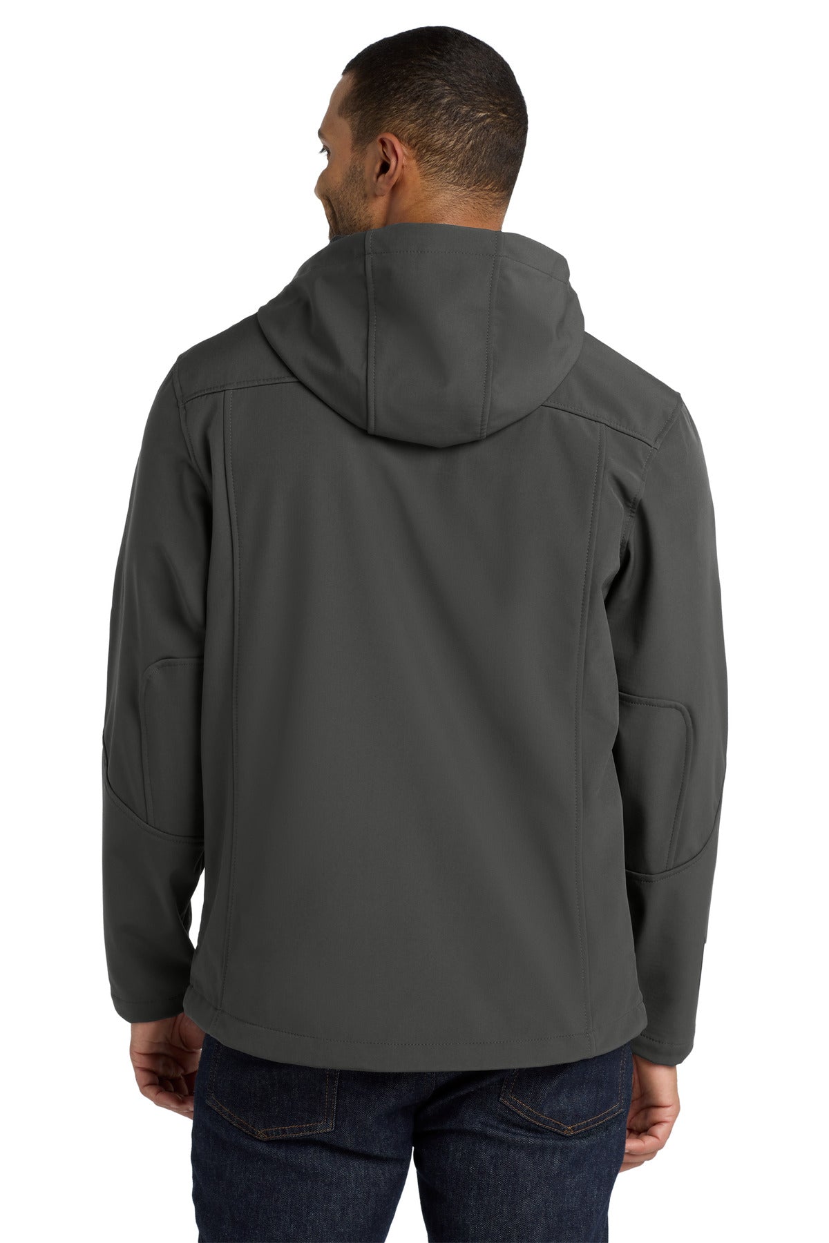 Port Authority Textured Hooded Soft Shell Jacket. J706 - Charcoal/ Lemon Yellow - back