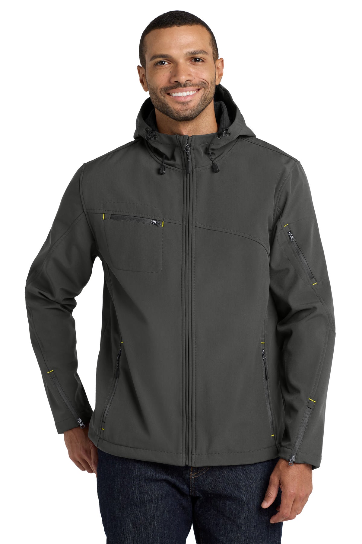 Port Authority Textured Hooded Soft Shell Jacket. J706 - Charcoal/ Lemon Yellow - front