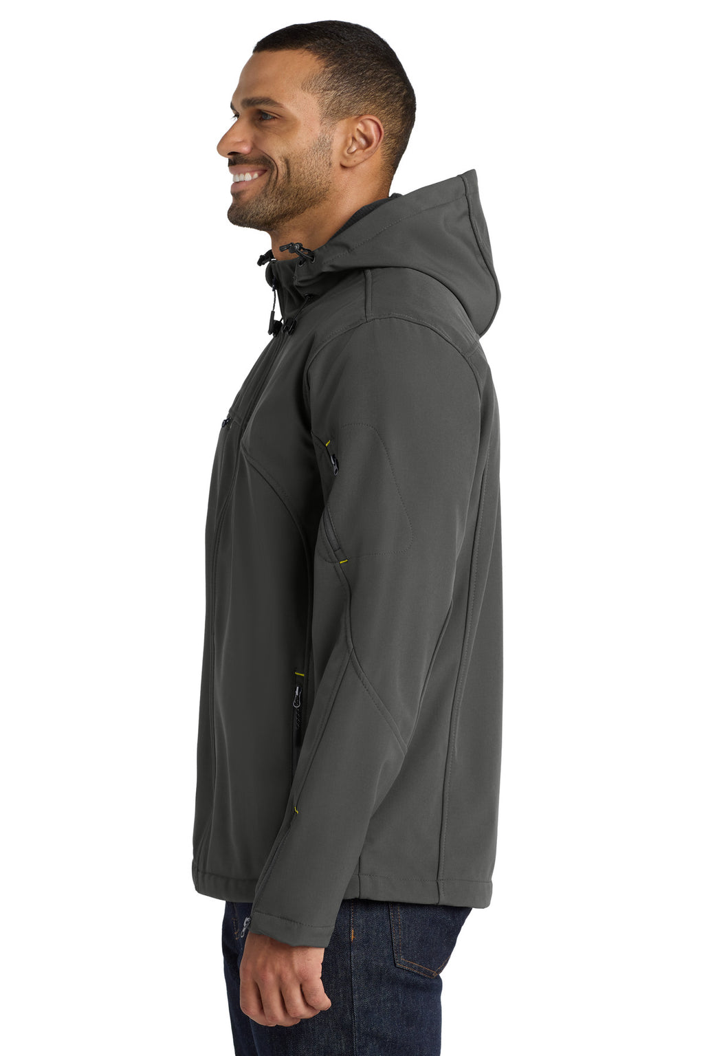 Port Authority Textured Hooded Soft Shell Jacket. J706 - Charcoal/ Lemon Yellow - side