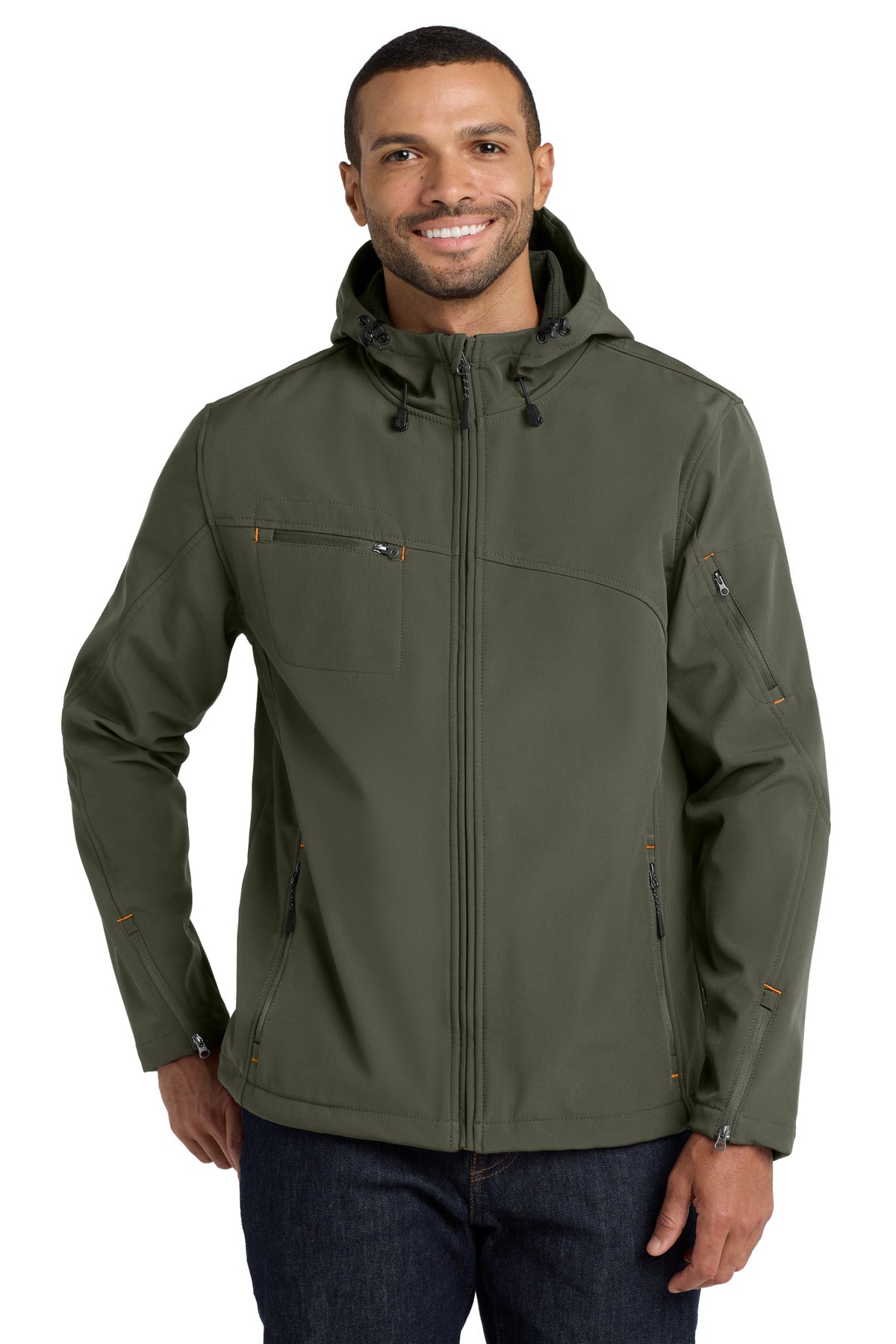 Port Authority Textured Hooded Soft Shell Jacket. J706 - Mineral Green/ Soft Orange - front