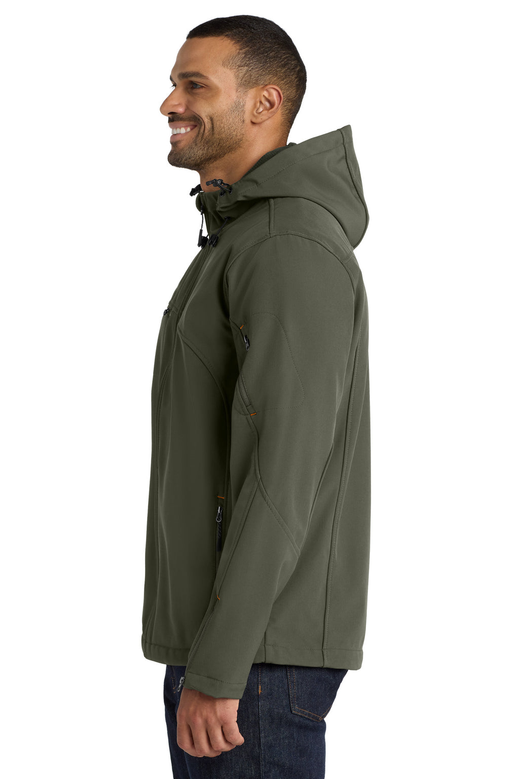 Port Authority Textured Hooded Soft Shell Jacket. J706 - Mineral Green/ Soft Orange - side