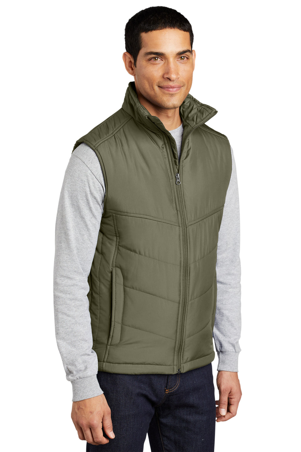 Port Authority Puffy Vest. J709 - Olive/ Cayenne - three_q