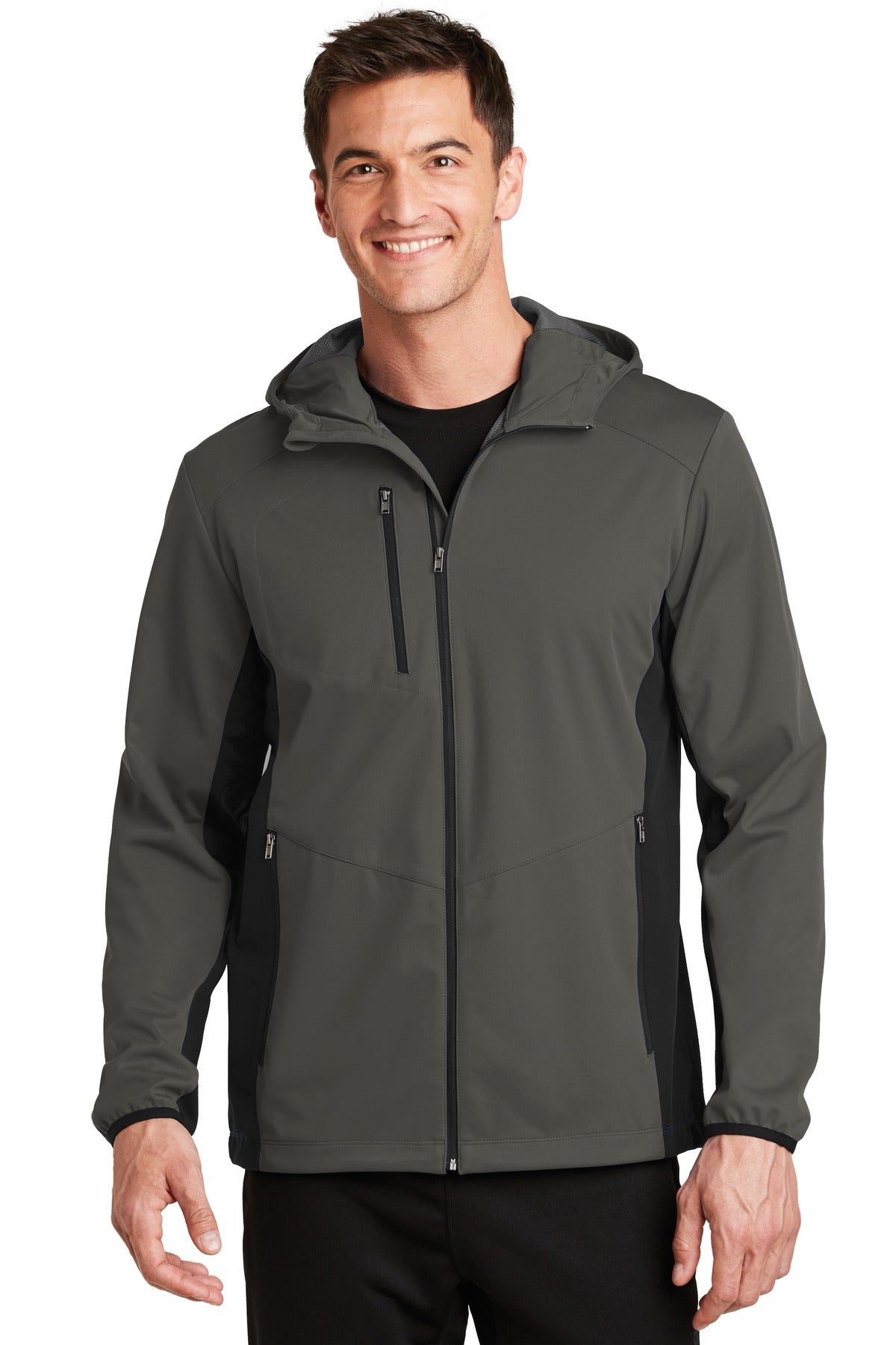 Port Authority Active Hooded Soft Shell Jacket. J719 - Grey Steel/ Deep Black - front
