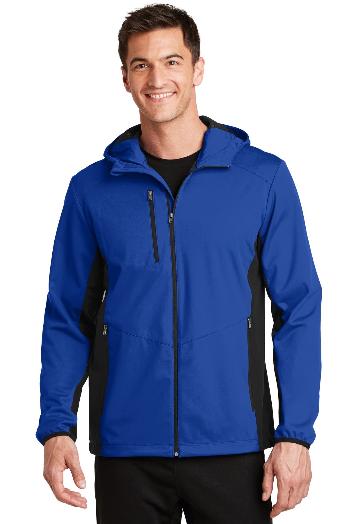 Port Authority Active Hooded Soft Shell Jacket. J719 - True Royal/ Deep Black - front