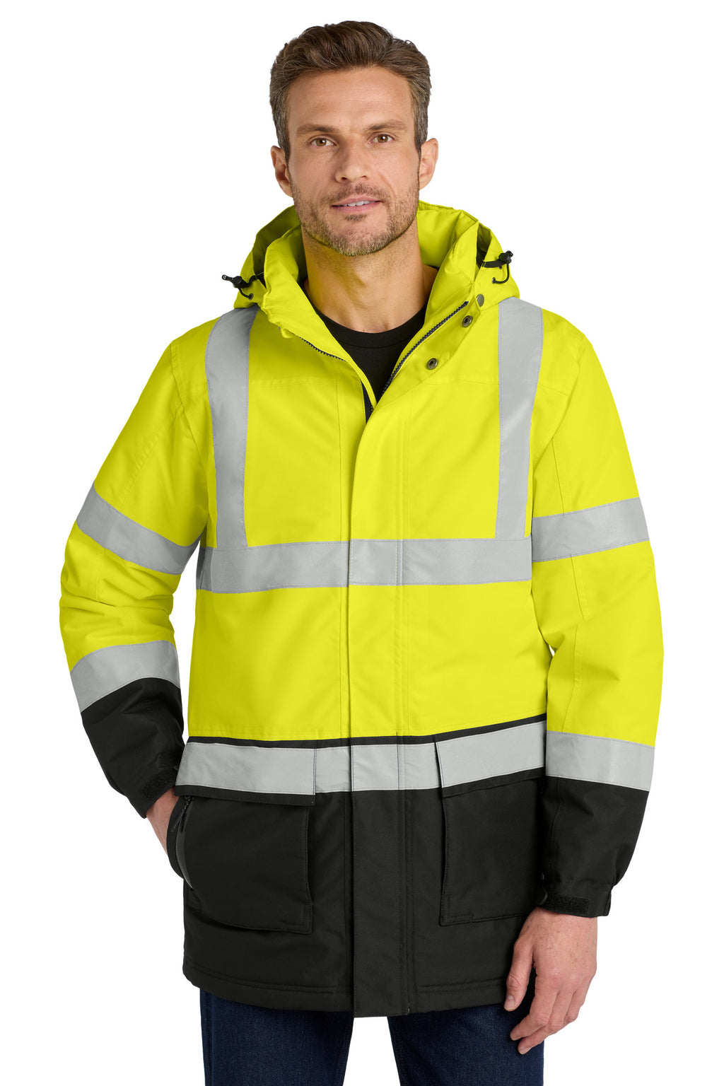 Port Authority ANSI 107 Class 3 Safety Heavyweight Parka. J799S - Safety Yellow/ Black/ Reflective - front