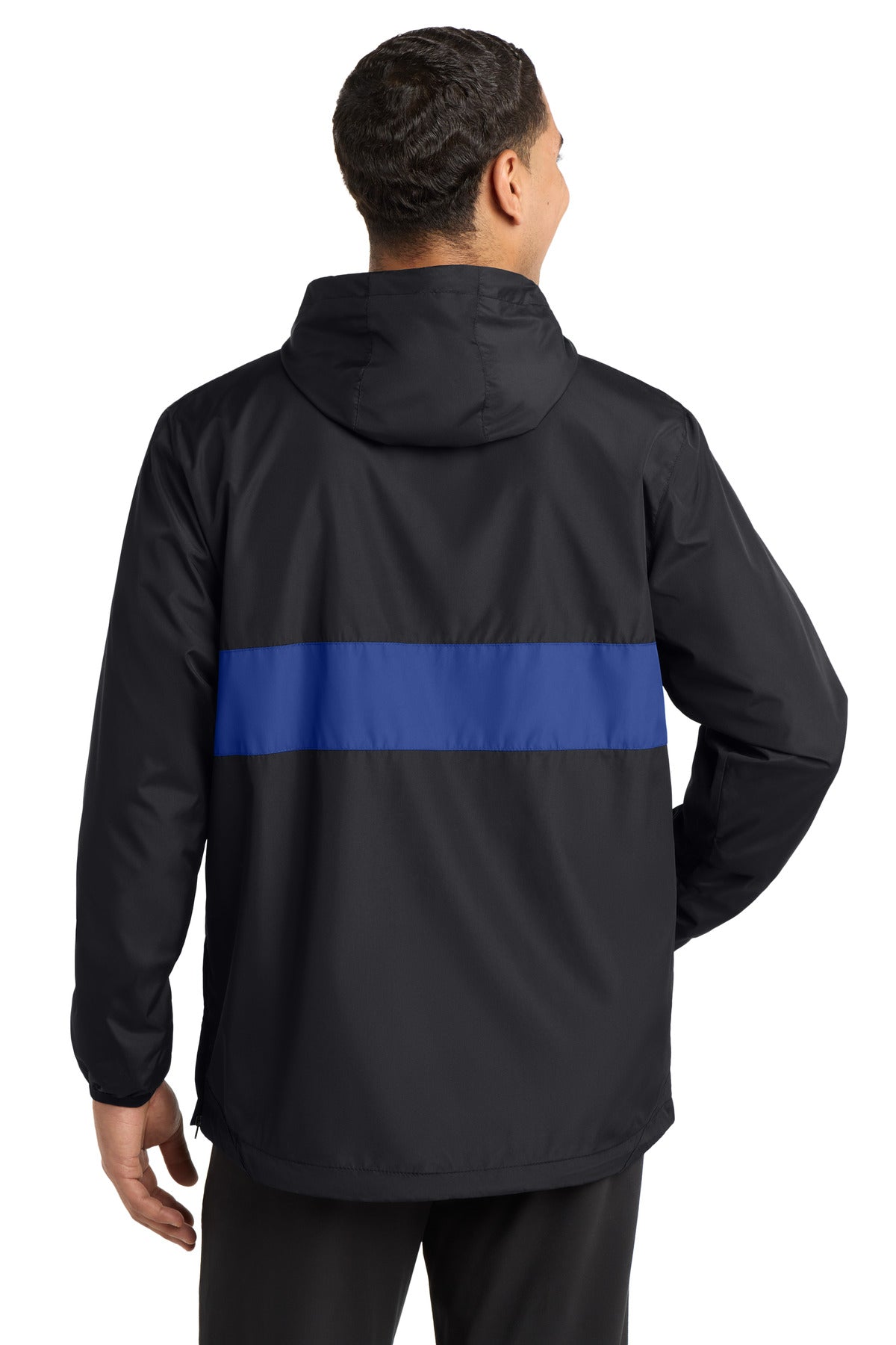 Sport-Tek Zipped Pocket Anorak. JST65 - Black/ True Royal - back