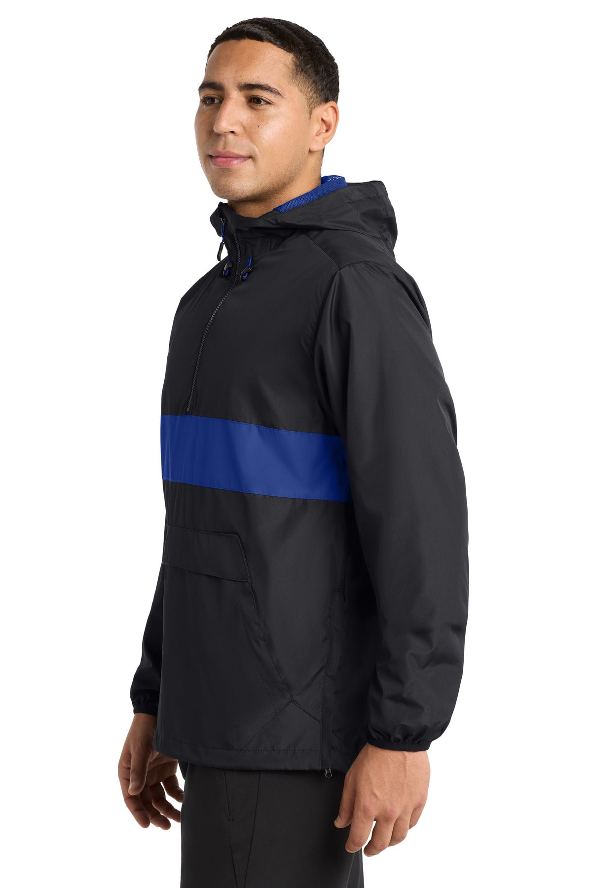 Sport-Tek Zipped Pocket Anorak. JST65 - Black/ True Royal - side