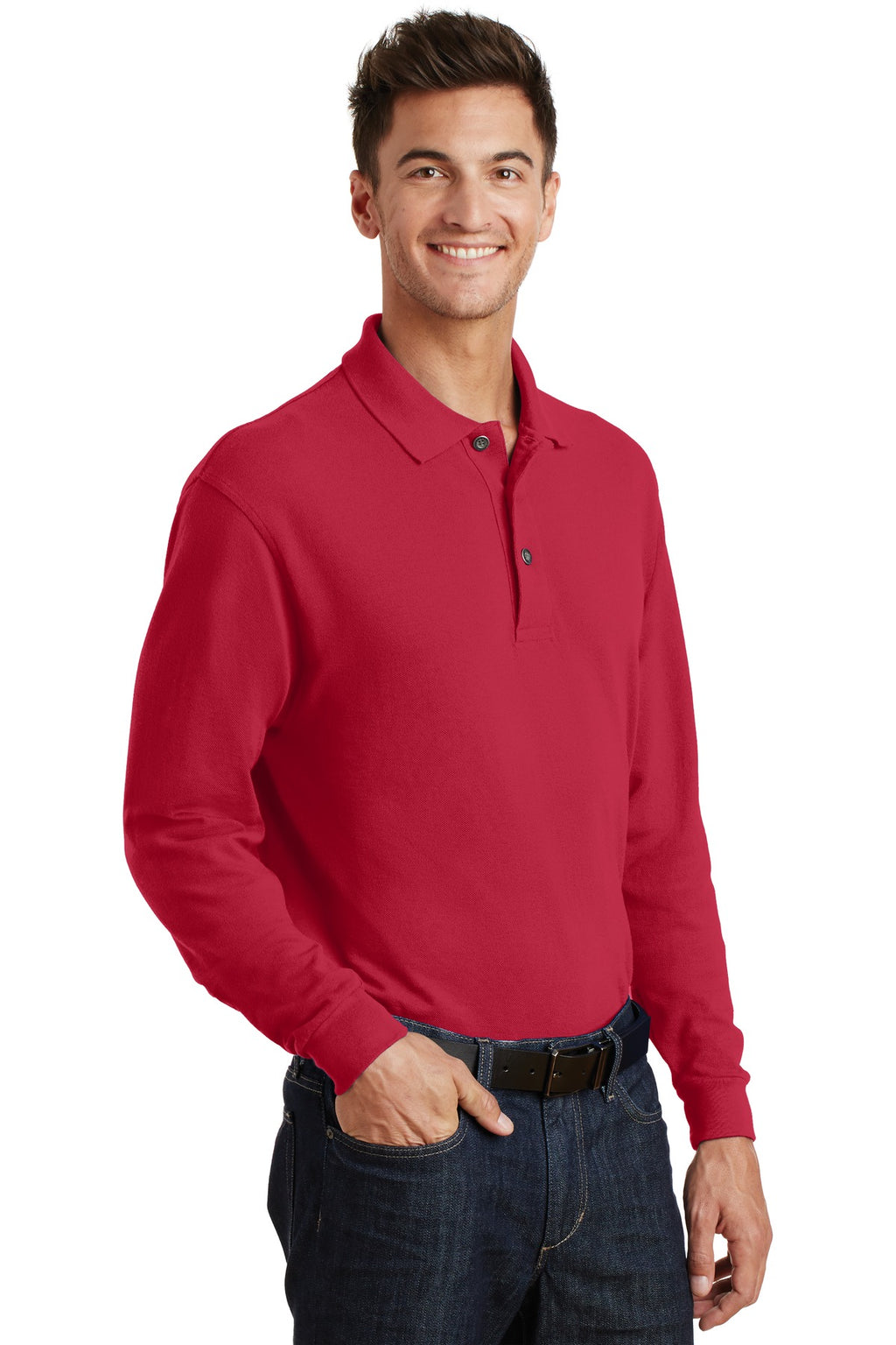 DISCONTINUED Port Authority Long Sleeve Heavyweight Cotton Pique Polo. K320 - Red - three_q