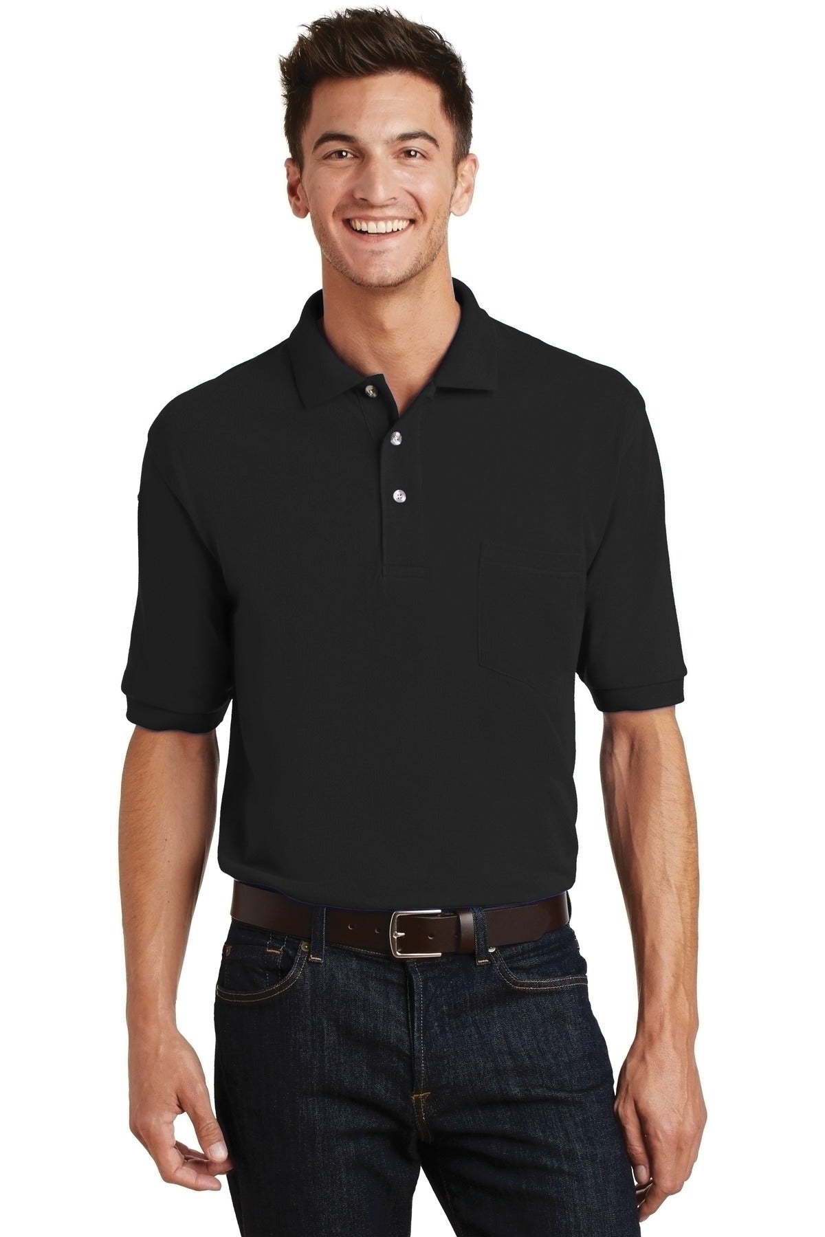 Port Authority Heavyweight Cotton Pique Polo with Pocket. K420P - Black - front