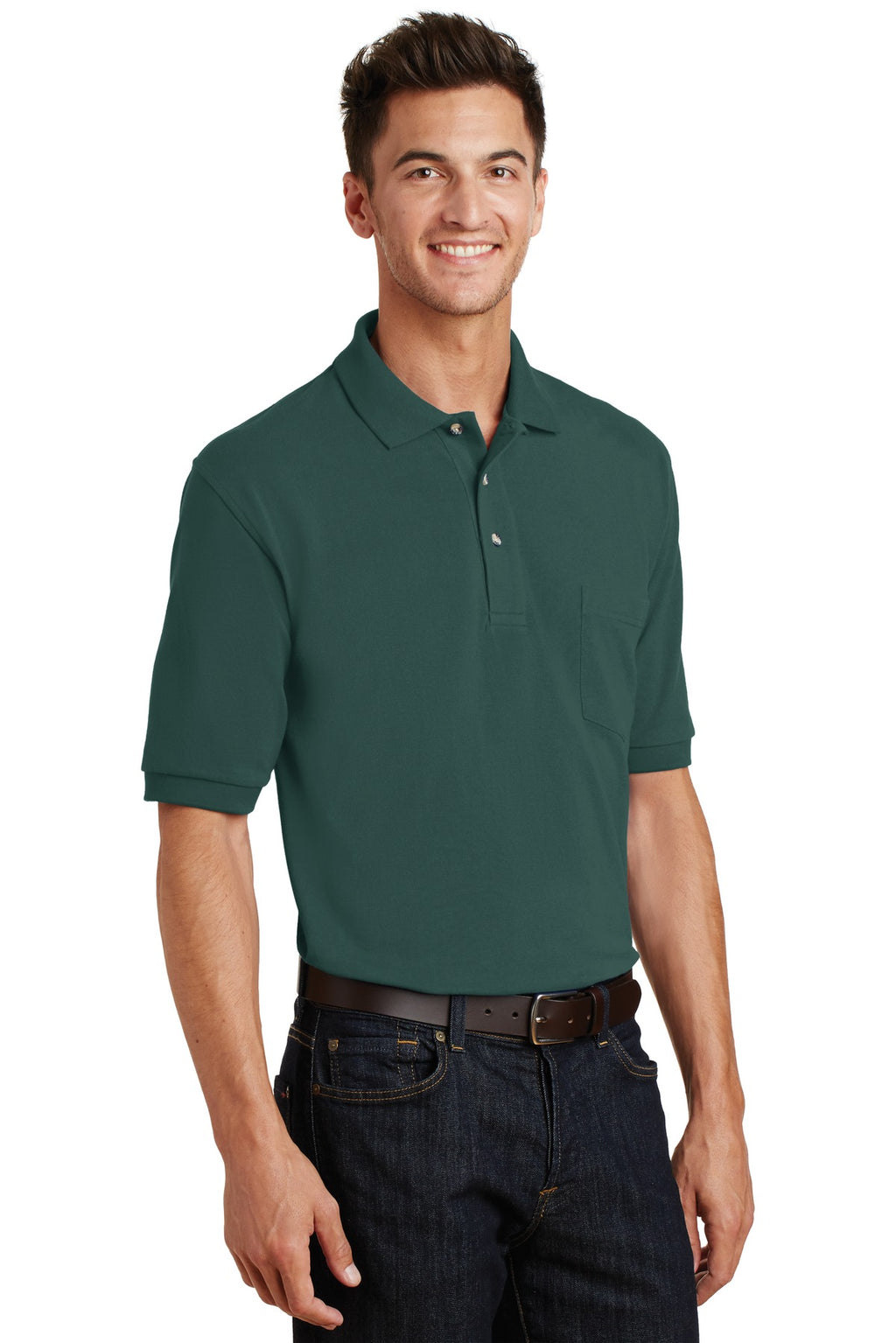 Port Authority Heavyweight Cotton Pique Polo with Pocket. K420P - Dark Green - three_q