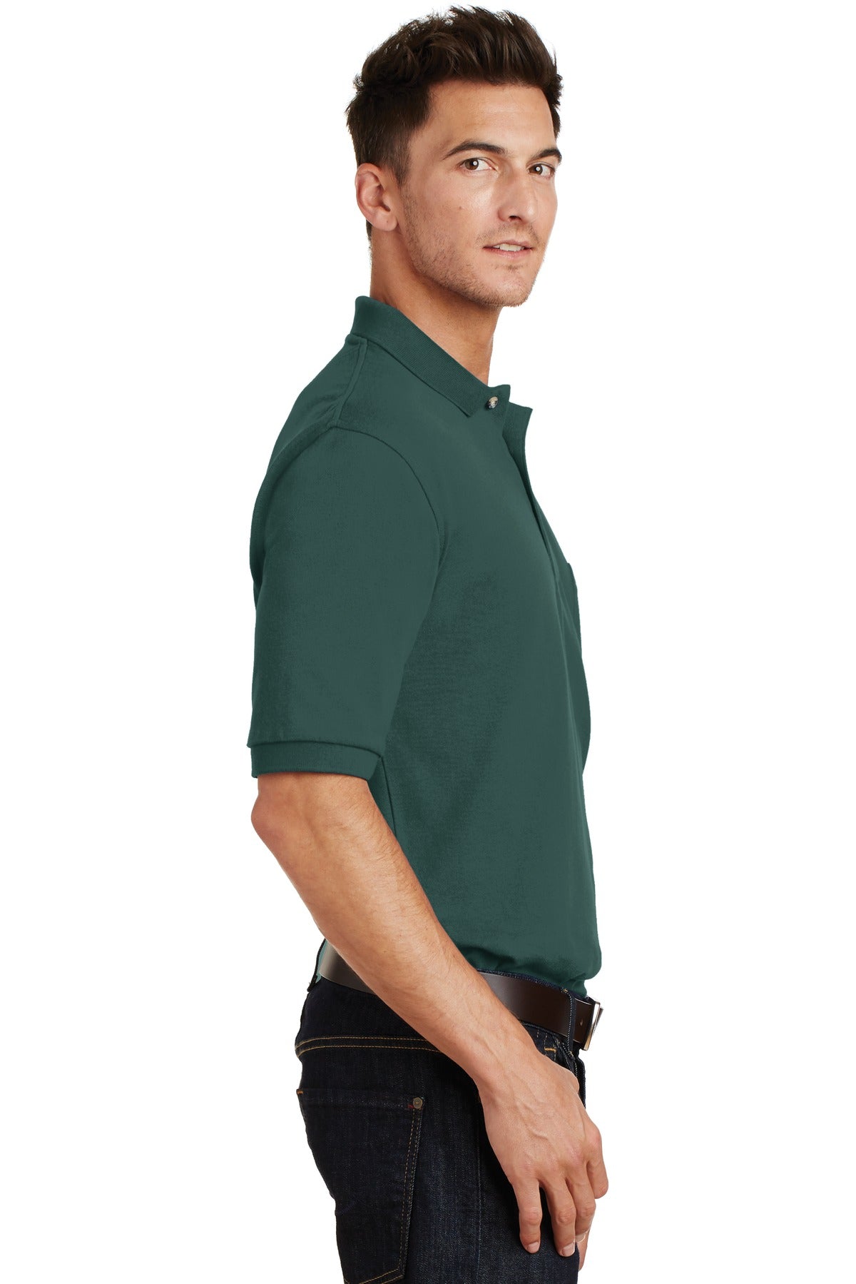 Port Authority Heavyweight Cotton Pique Polo with Pocket. K420P - Dark Green - side