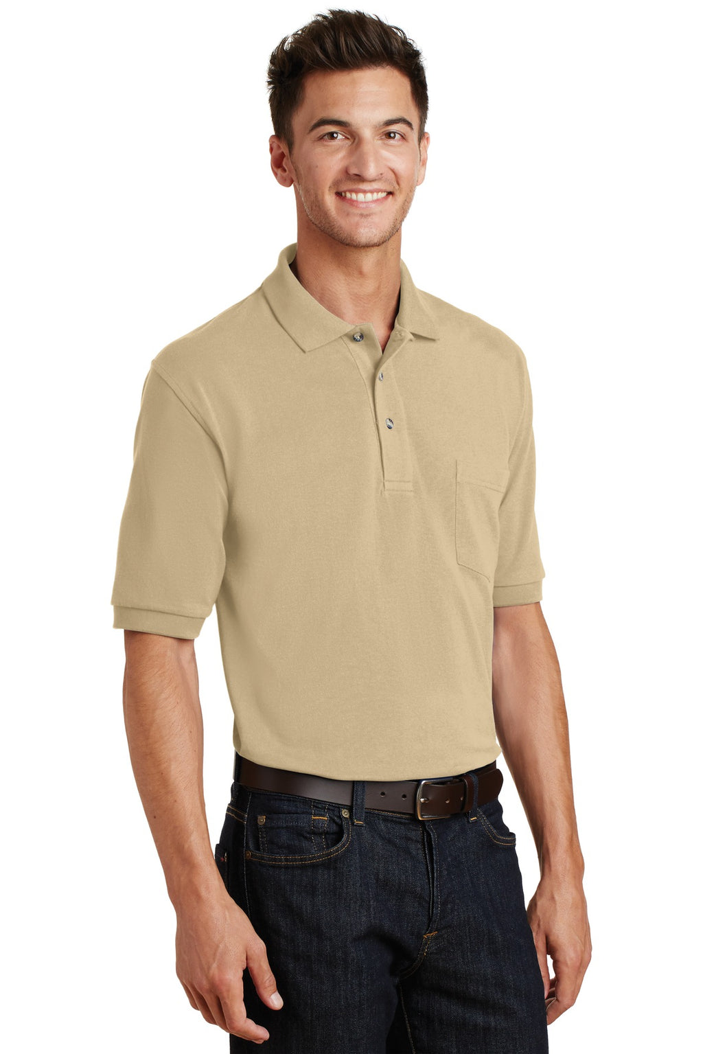 Port Authority Heavyweight Cotton Pique Polo with Pocket. K420P - Stone - three_q