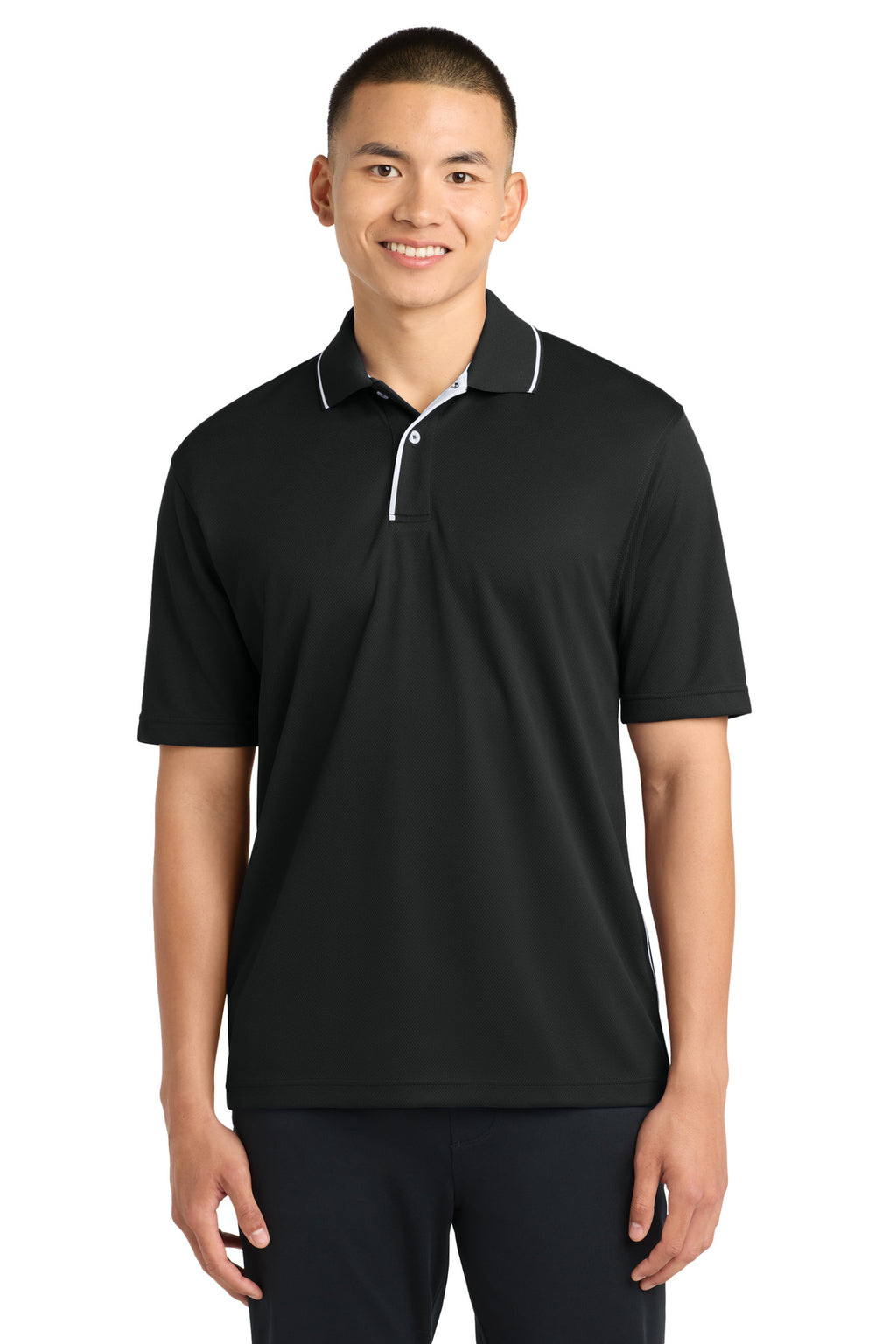 DISCONTINUED Sport-Tek Dri-Mesh Polo with Tipped Collar and Piping. K467 - Black/ White - front