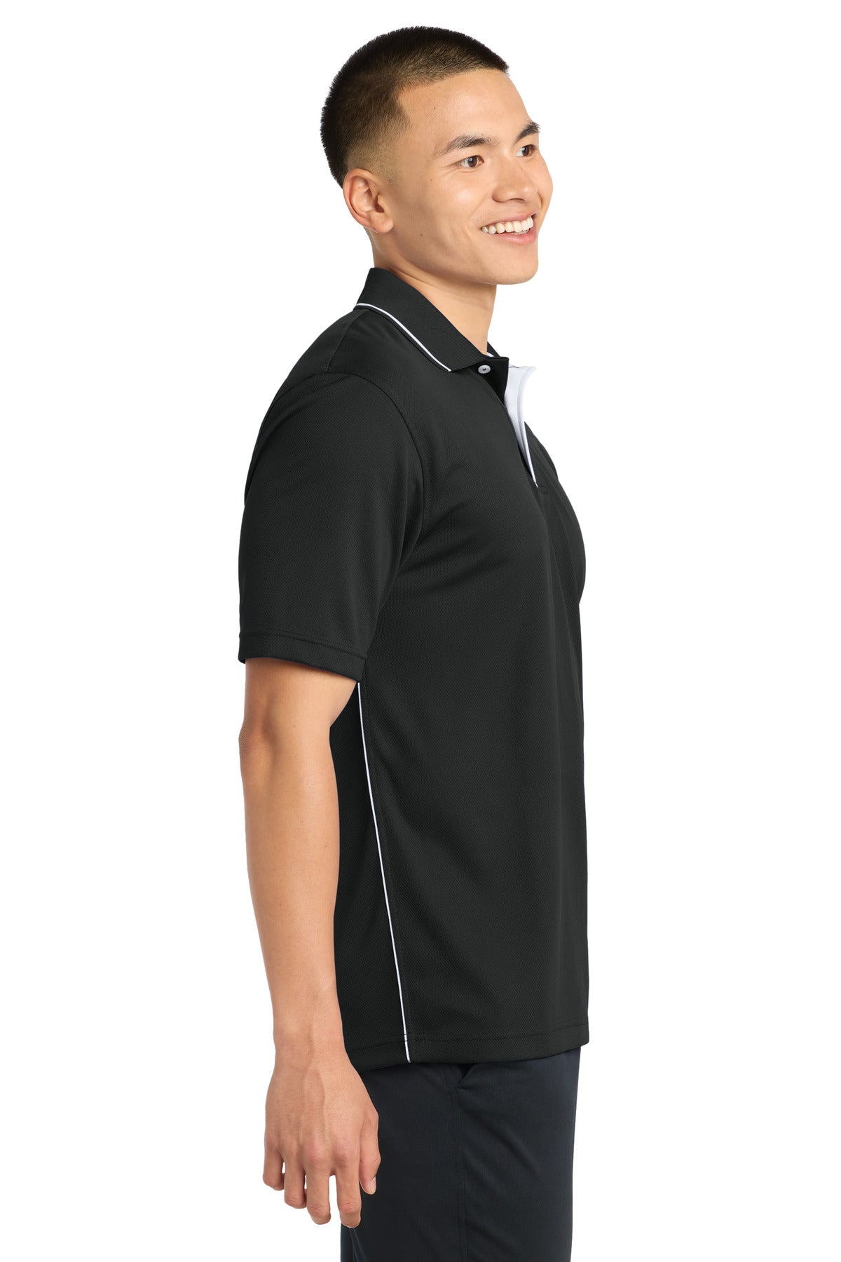 DISCONTINUED Sport-Tek Dri-Mesh Polo with Tipped Collar and Piping. K467 - Black/ White - side