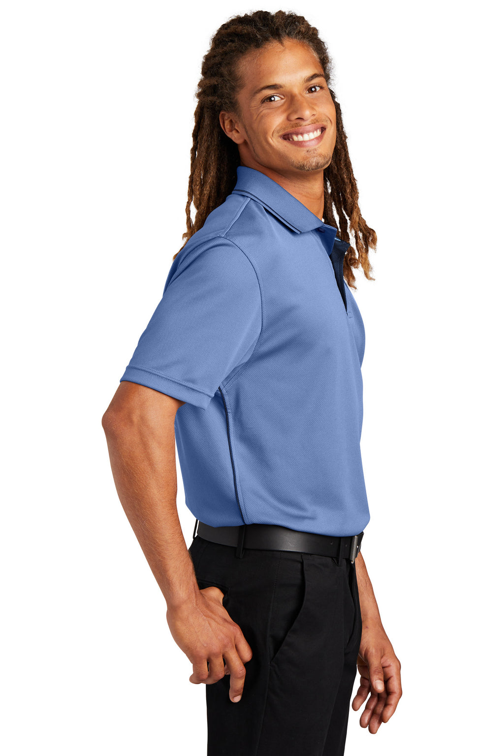 DISCONTINUED Sport-Tek Dri-Mesh Polo with Tipped Collar and Piping. K467 - Blueberry/ Navy - side
