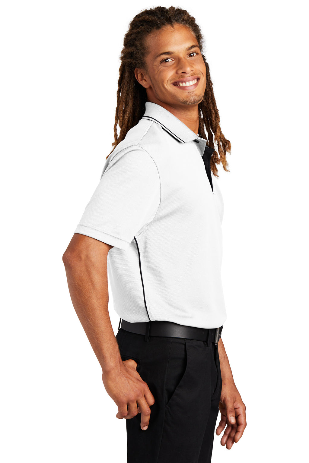DISCONTINUED Sport-Tek Dri-Mesh Polo with Tipped Collar and Piping. K467 - White/ Black - side