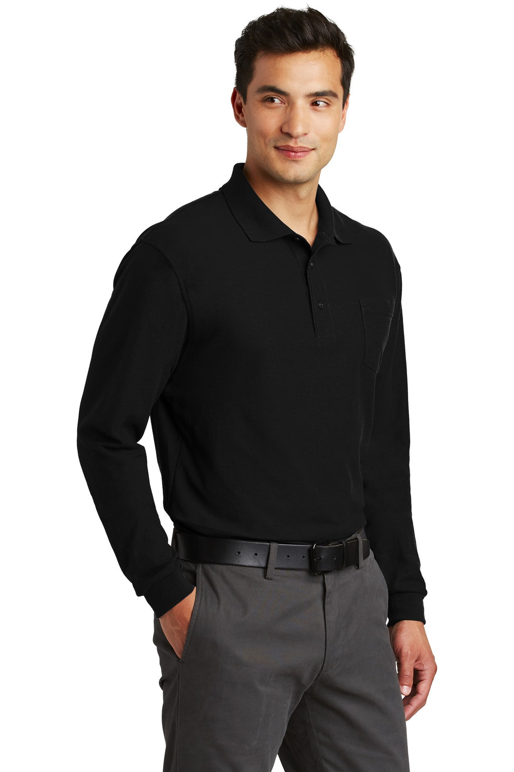 Port Authority Long Sleeve Silk Touch Polo with Pocket. K500LSP - Black - three_q
