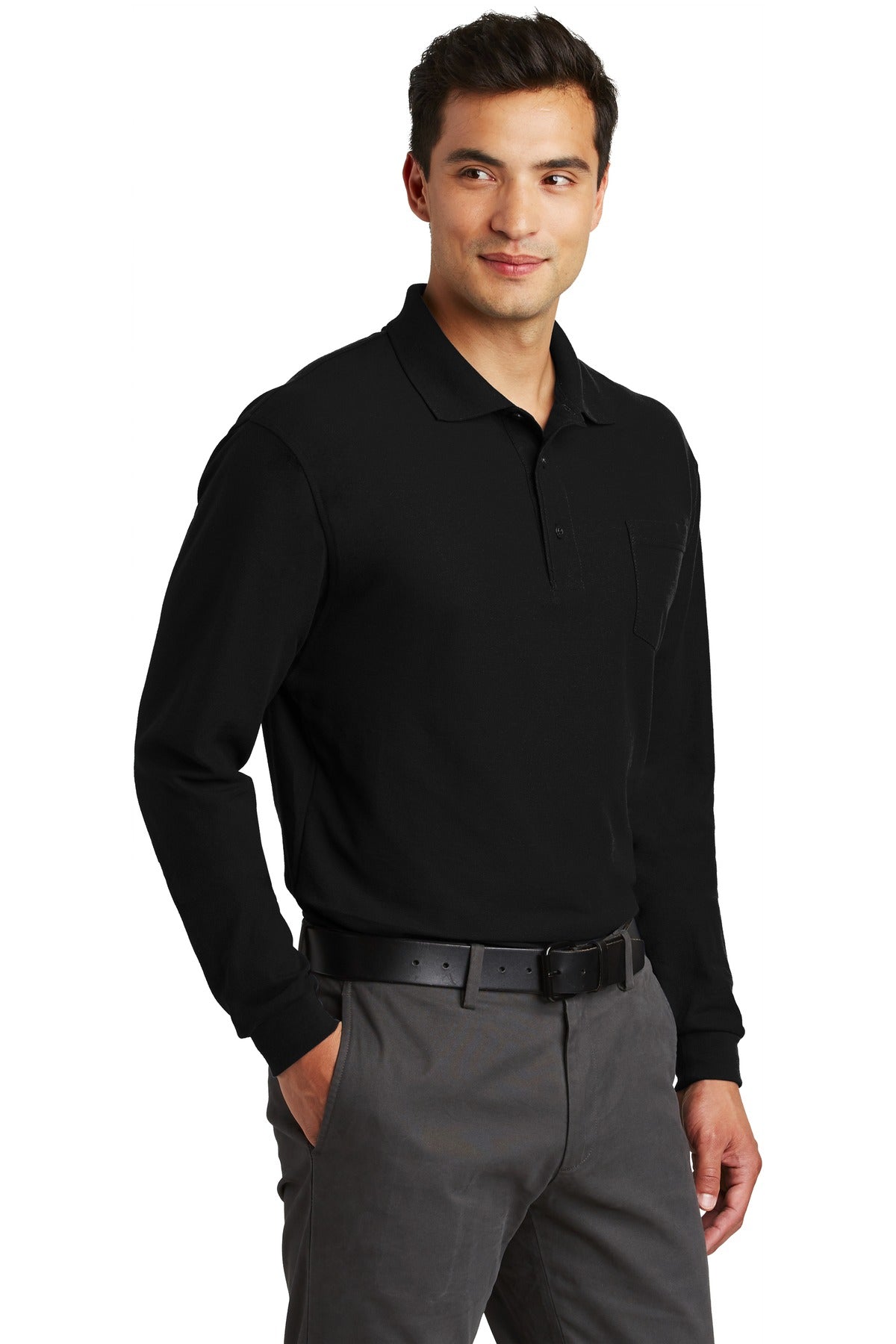 Port Authority Long Sleeve Silk Touch Polo with Pocket. K500LSP - Black - three_q