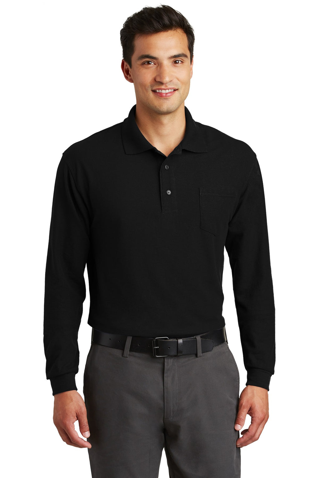 Port Authority Long Sleeve Silk Touch Polo with Pocket. K500LSP - Black - front