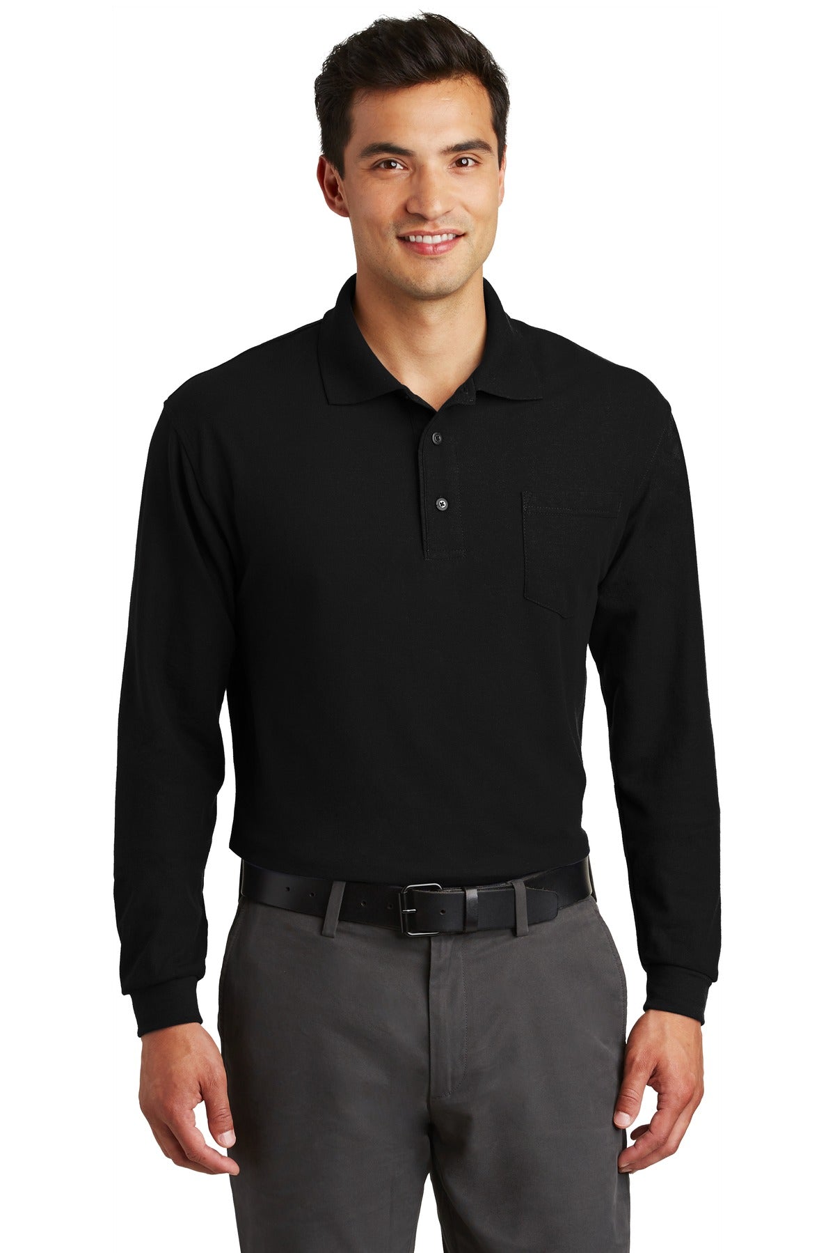 Port Authority Long Sleeve Silk Touch Polo with Pocket. K500LSP - Black - front
