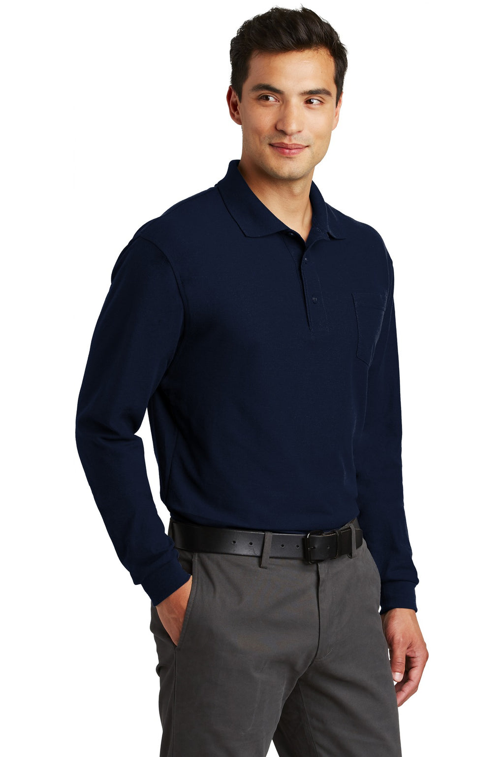 Port Authority Long Sleeve Silk Touch Polo with Pocket. K500LSP - Navy - three_q