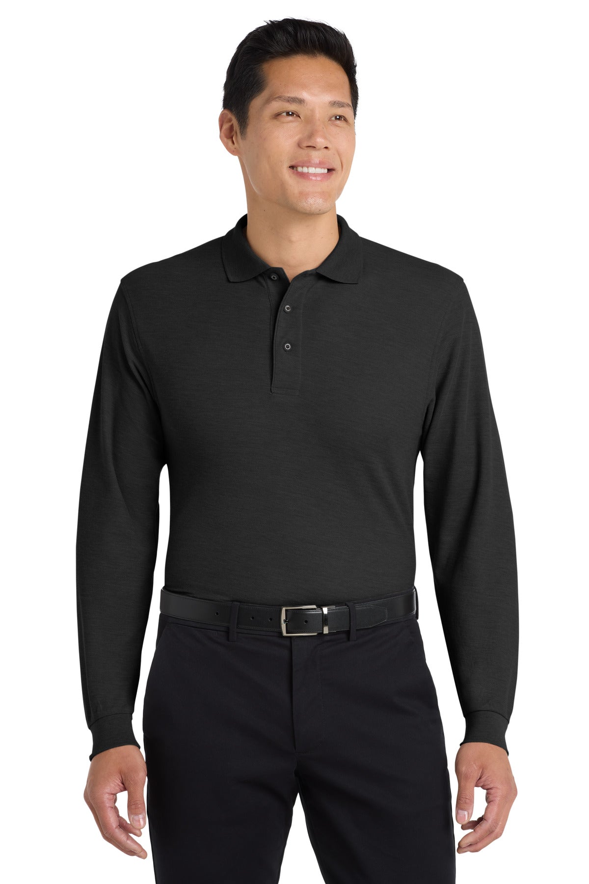 Port Authority Silk Touch Long Sleeve Polo. K500LS - Black - front