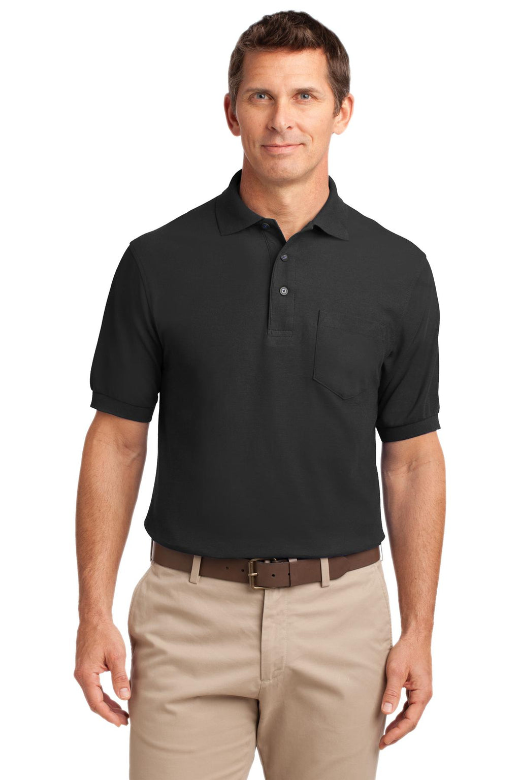 Port Authority Silk Touch Polo with Pocket. K500P - Black - front