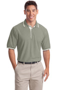 DISCONTINUED Port Authority Silk Touch Polo with Stripe Trim. K501 - Light Moss/ Winter White - front