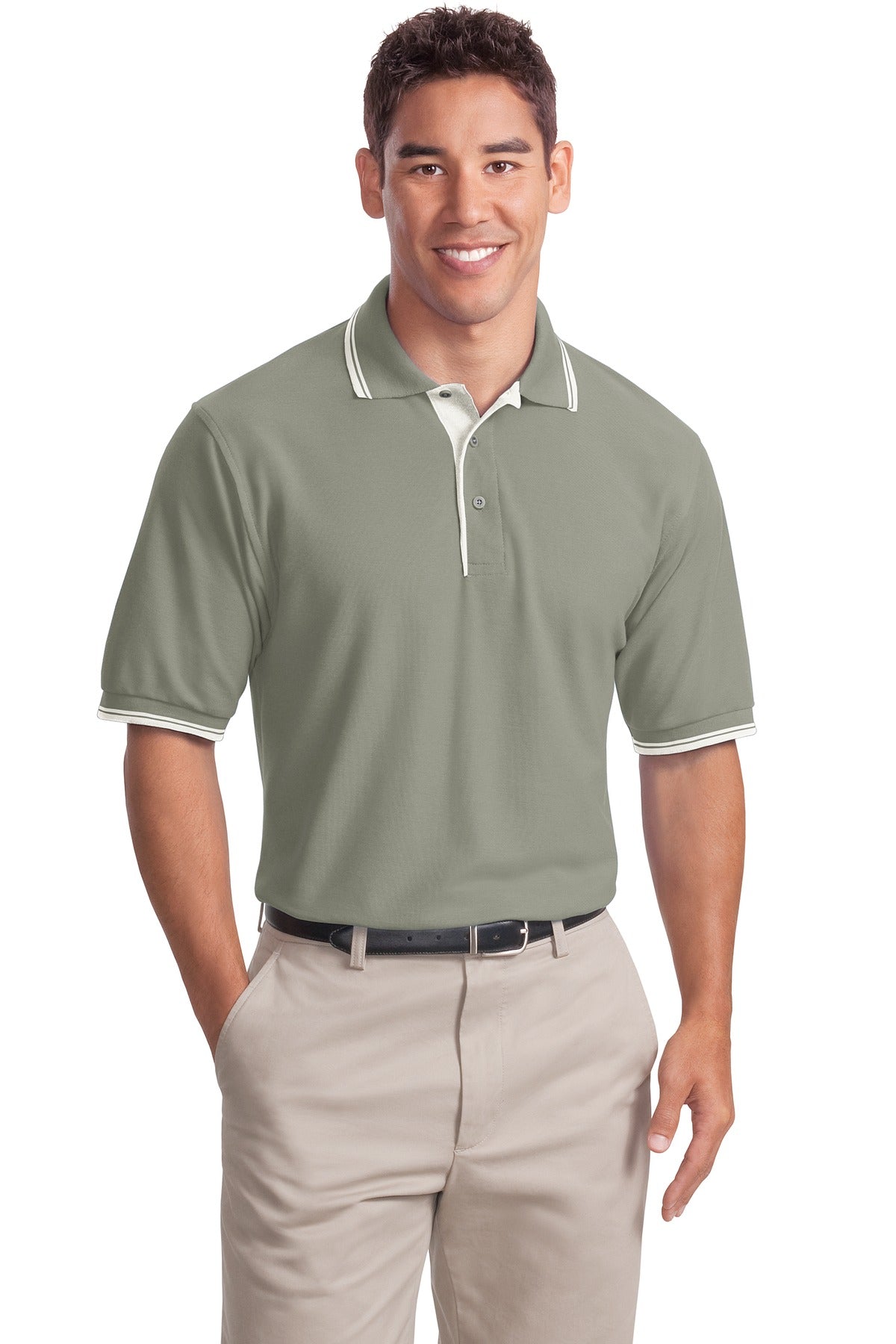 DISCONTINUED Port Authority Silk Touch Polo with Stripe Trim. K501 - Light Moss/ Winter White - front
