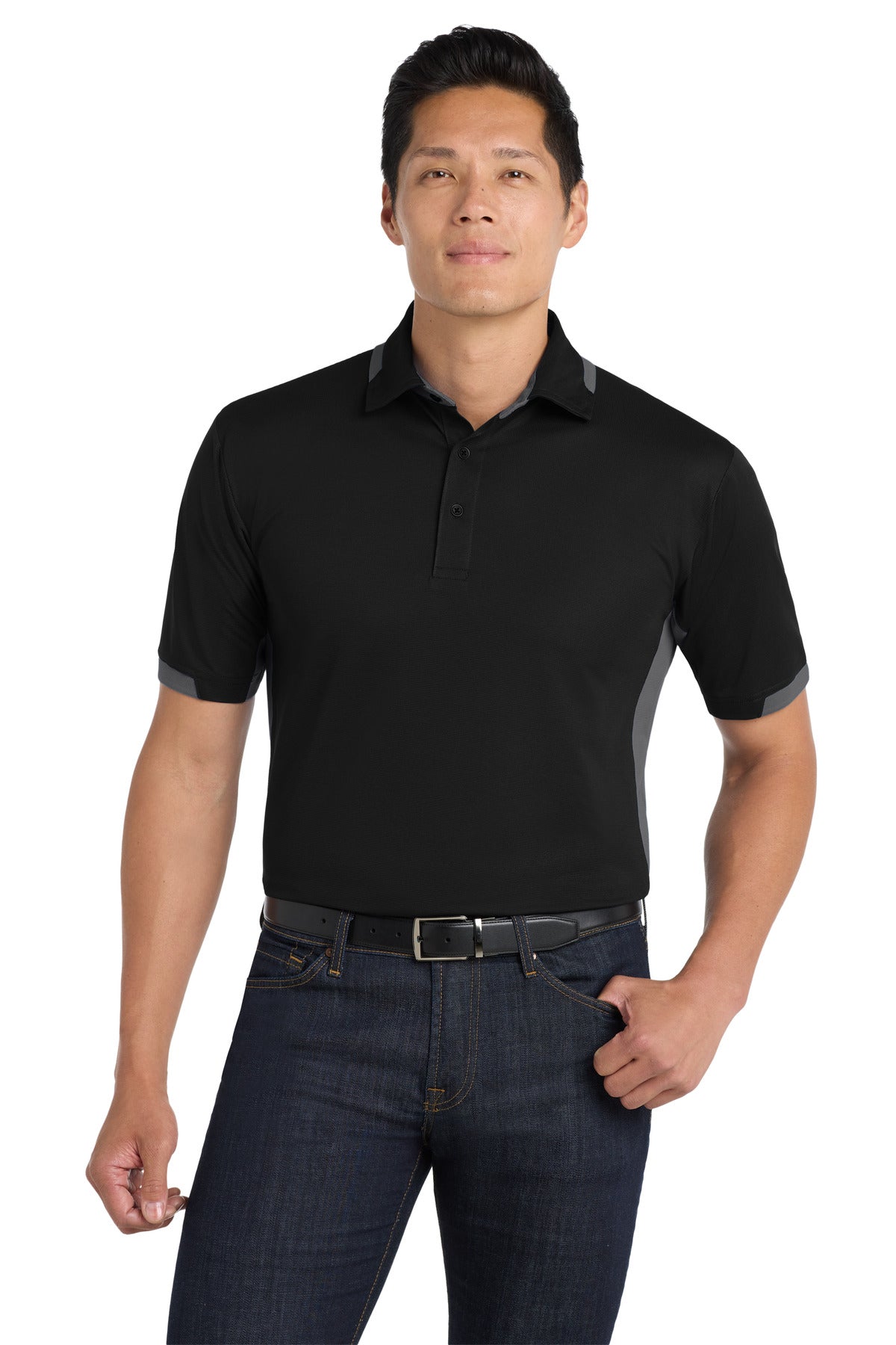 DISCONTINUED Port Authority Dry Zone Colorblock Ottoman Polo. K524 - Black/ Iron Grey - front