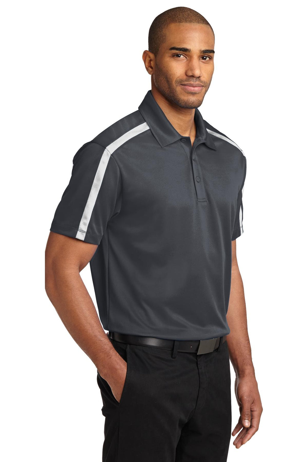 Port Authority Silk Touch Performance Colorblock Stripe Polo. K547 - Steel Grey/ White - three_q